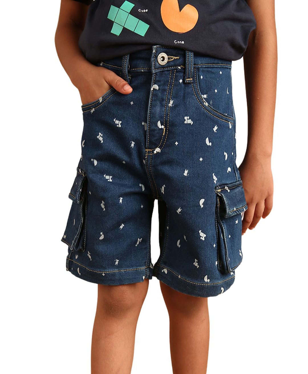 PILOLO Denim Knit Stars Printed Shorts - Navy Blue-image-21