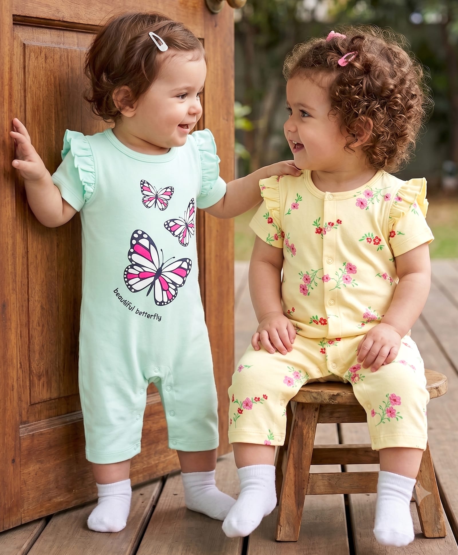 Doodle Poodle 100% Cotton Knit Half Sleeves Floral & Butterfly Printed Rompers Pack Of 2 - Aqua Blue & Yellow-image-43