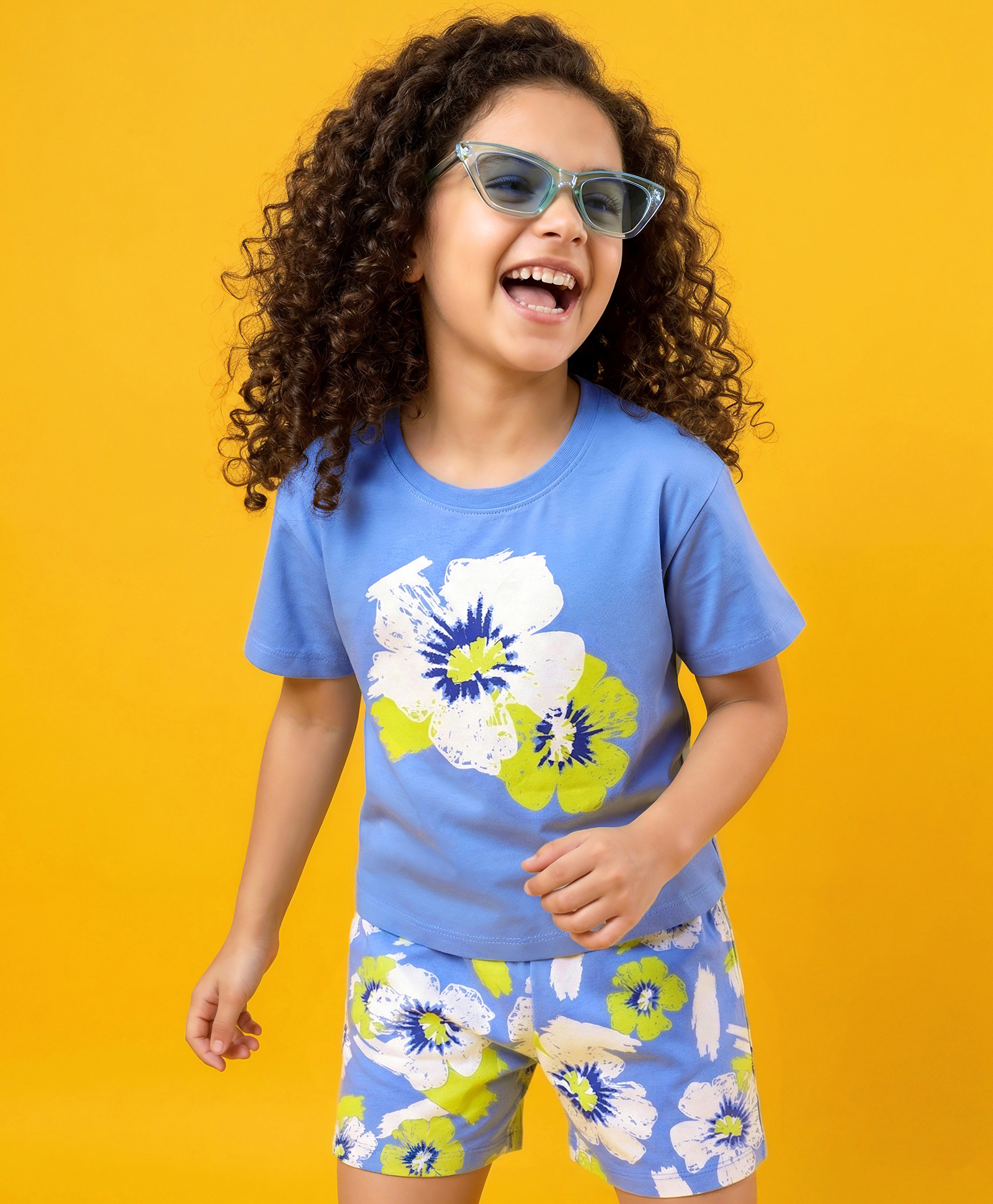 OLLINGTON ST. Cotton Knit Set Of Half Sleeves Top With Print & Shorts Set - Light Blue & Multicolour-image-13