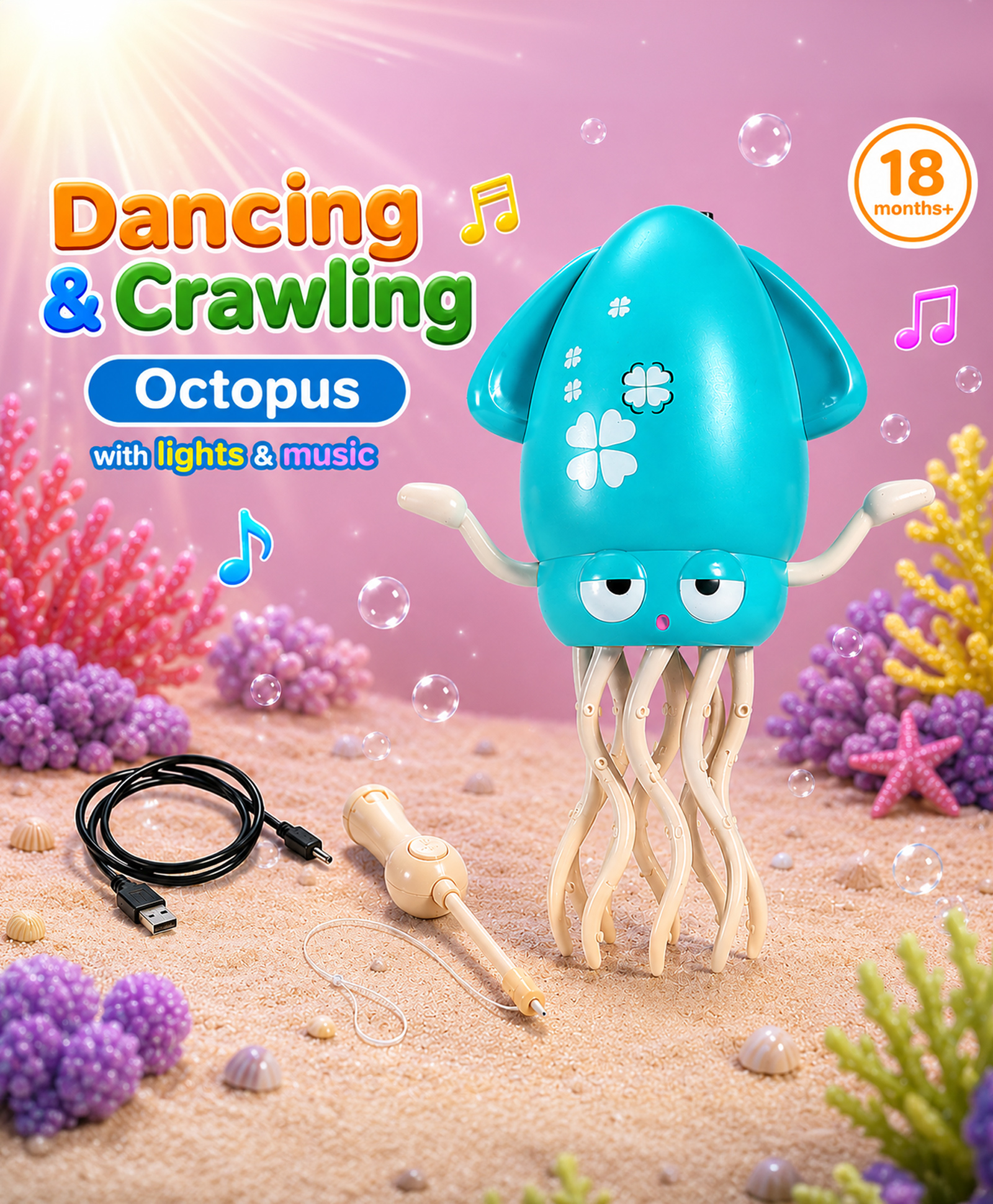 fab n funky Bump & Go Crawling Octopus Rechargeable Musical Toy with Fishing Rod Toy For 18 months+ Fun Moving Toy With Sound & Lights Hand-Eye Coordination Gifting Toy BIS Certified - Turquoise-picture-11