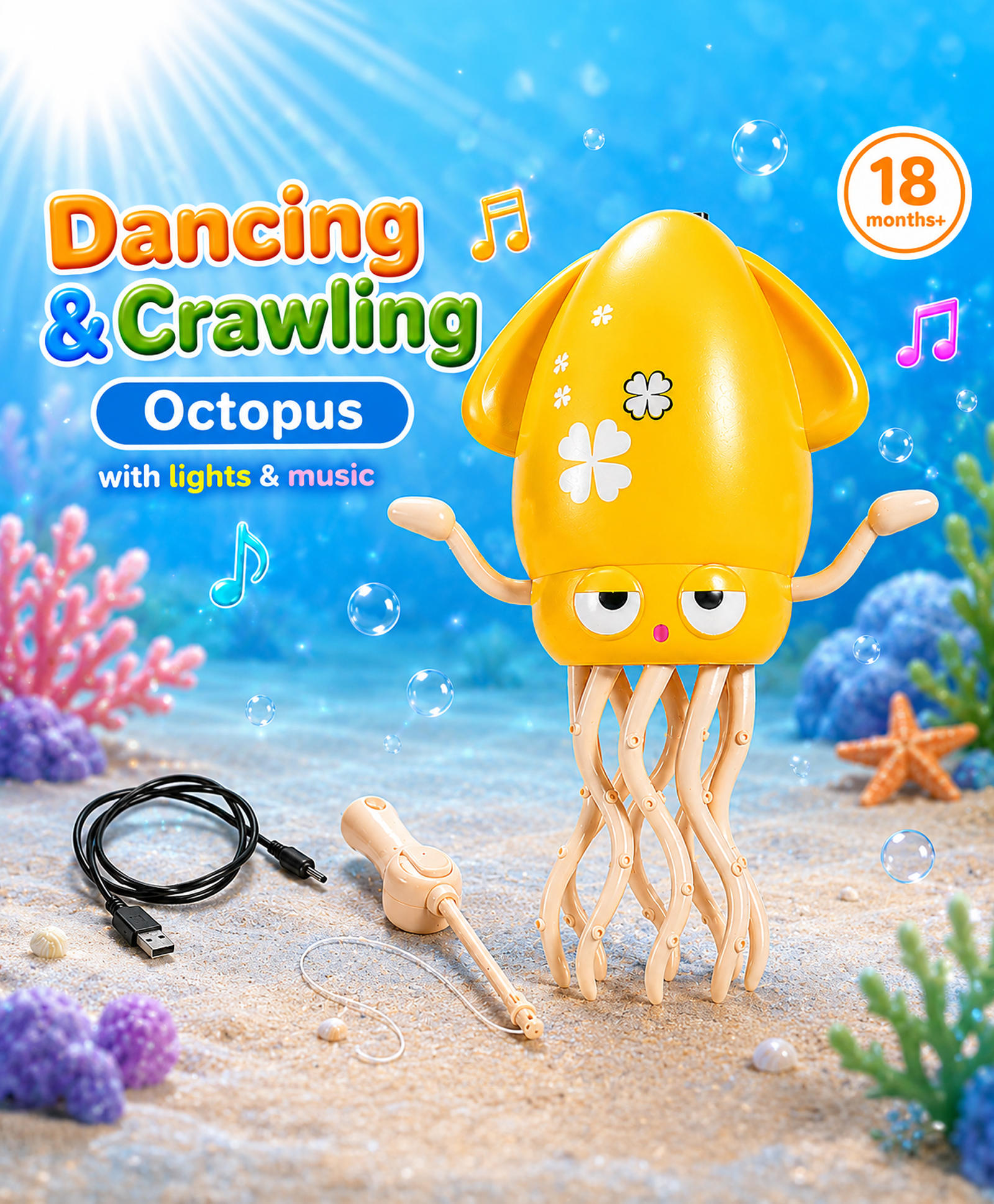 Bump & Go Crawling Octopus Rechargeable Musical Toy with Fishing Rod Toy For 18 months+ Fun Moving Toy With Sound & Lights Hand-Eye Coordination Gifting Toy BIS Certified - Yellow-image-36