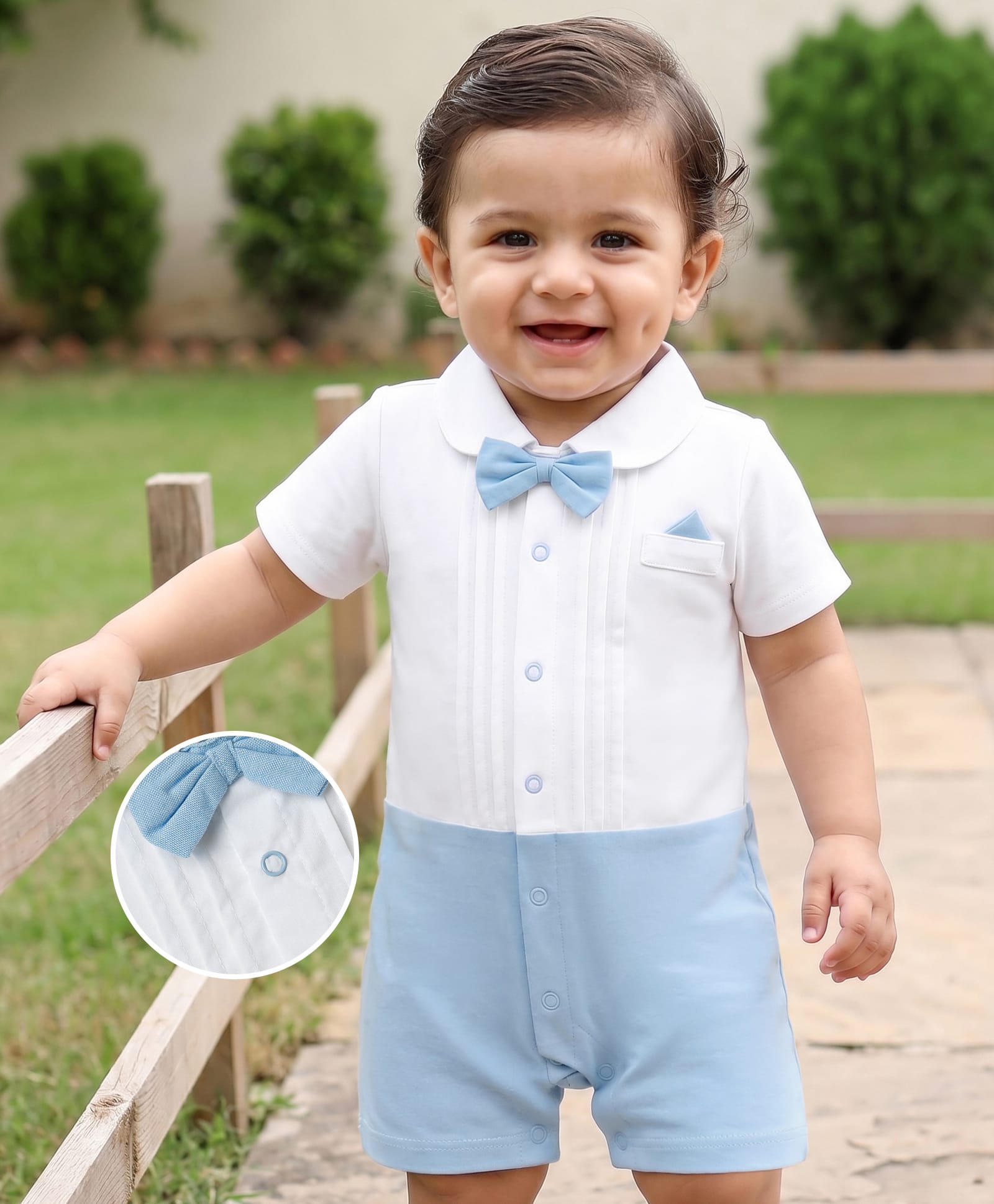 Babyhug 100% Cotton Woven Half Sleeves Solid Party Romper With Bow Applique - Light Blue-image-17