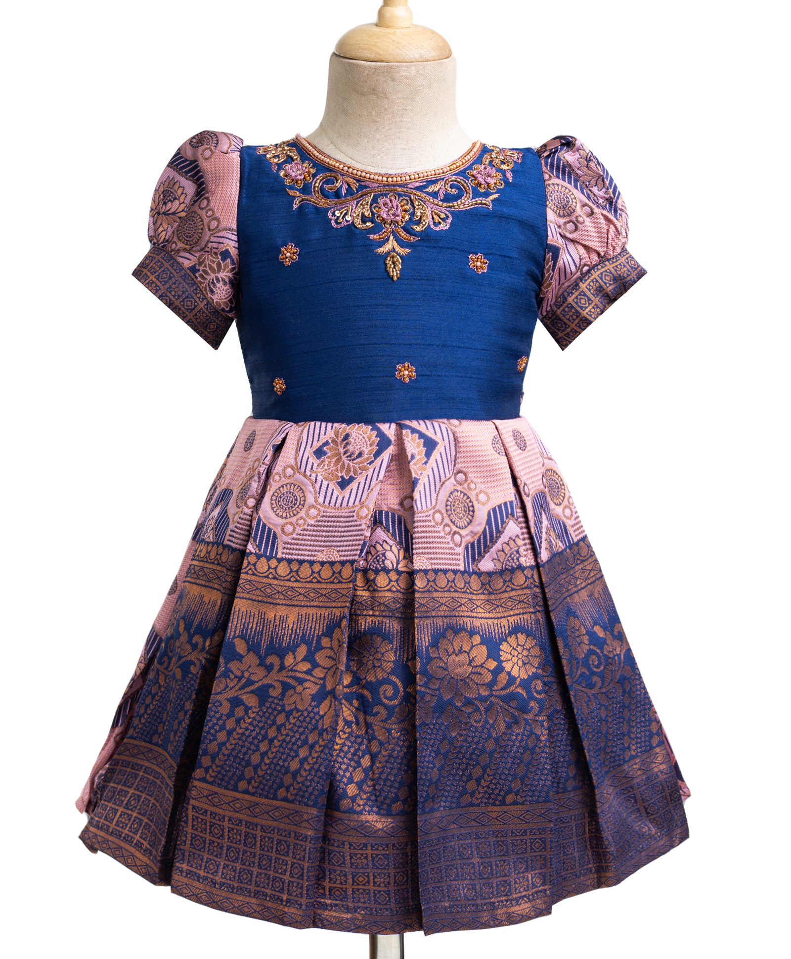 Enfance Half Puffed Sleeves Sequins & Beads Embellished Floral Swirl Embroidered & Banarasi Printed Knee Length Pattu Pavdai Dress - Pink-picture-44
