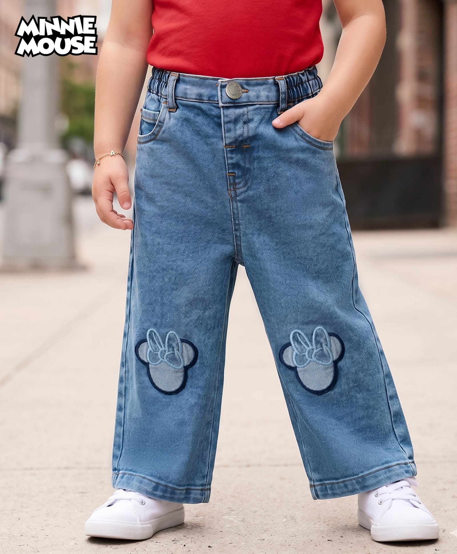 Babyhug Disney Full Length Denim Jeans with Minnie Mouse Patch - Blue-picture-12