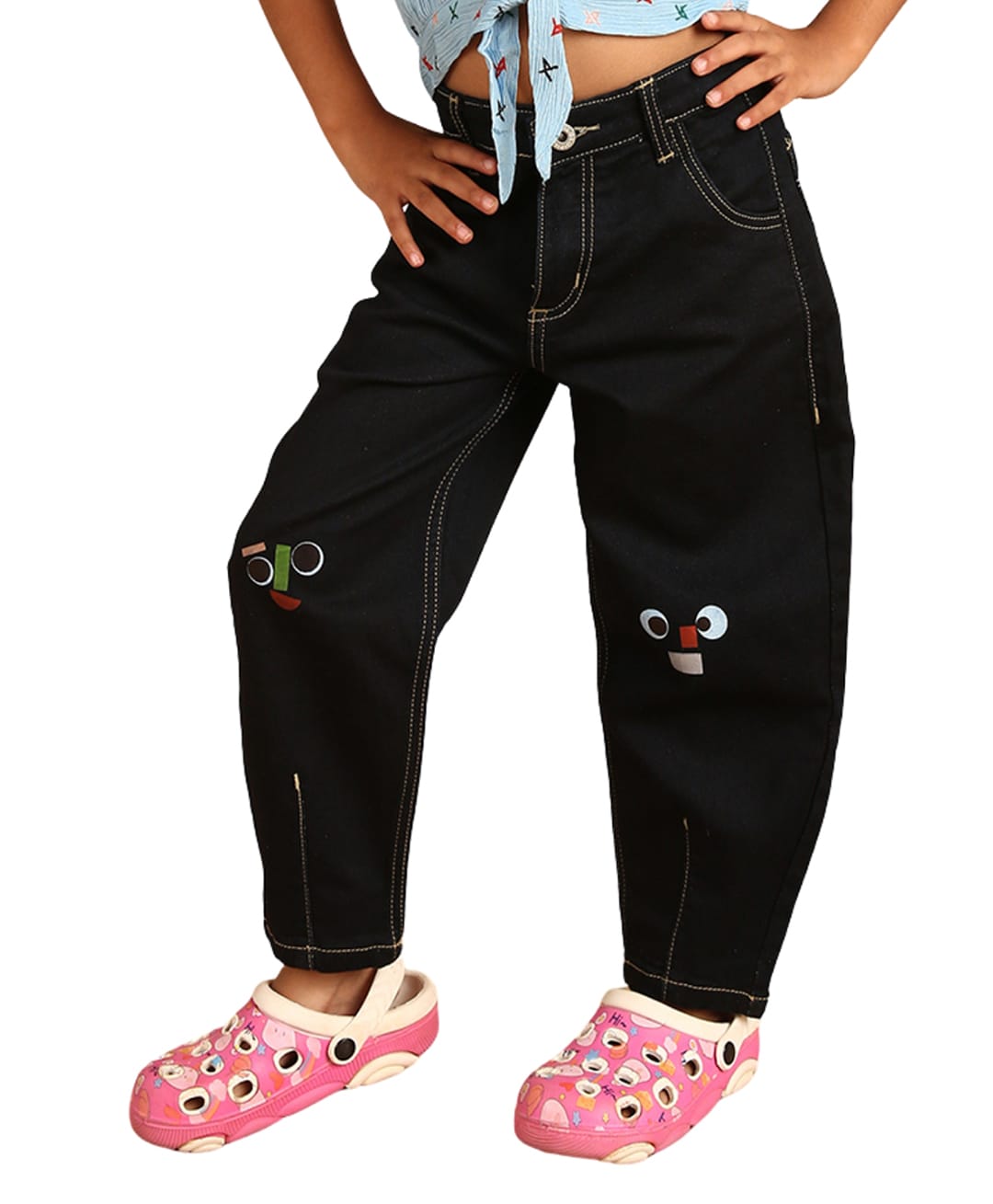 PILOLO Denim Knit Eyes Printed Printed Jeans - Dark Blue-image-37