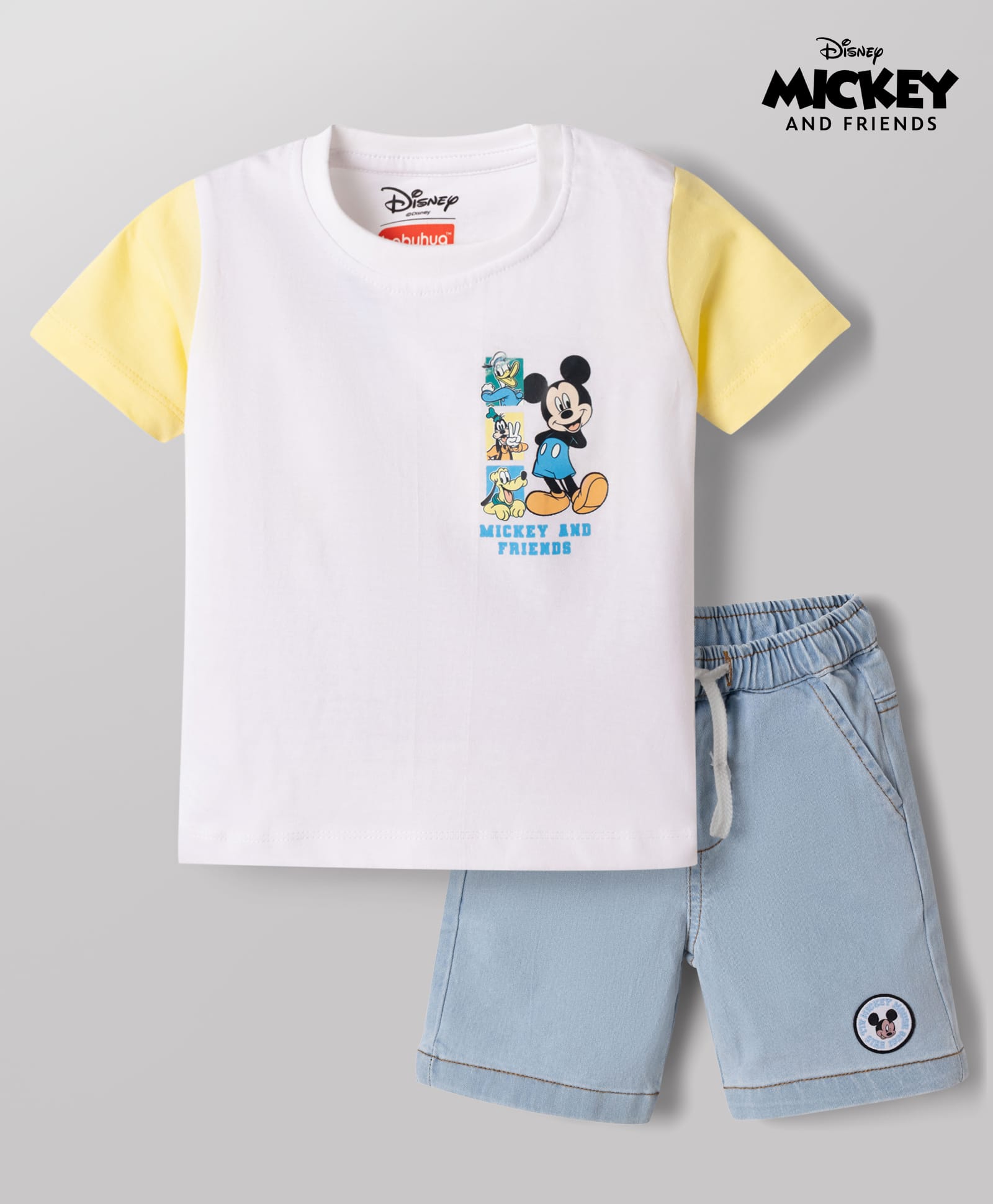 Babyhug Disney Single Jersey Knit Half Sleeves T-Shirt & Denim Shorts set with Front & Back Mickey & Friends Graphics - Multicolor-picture-21