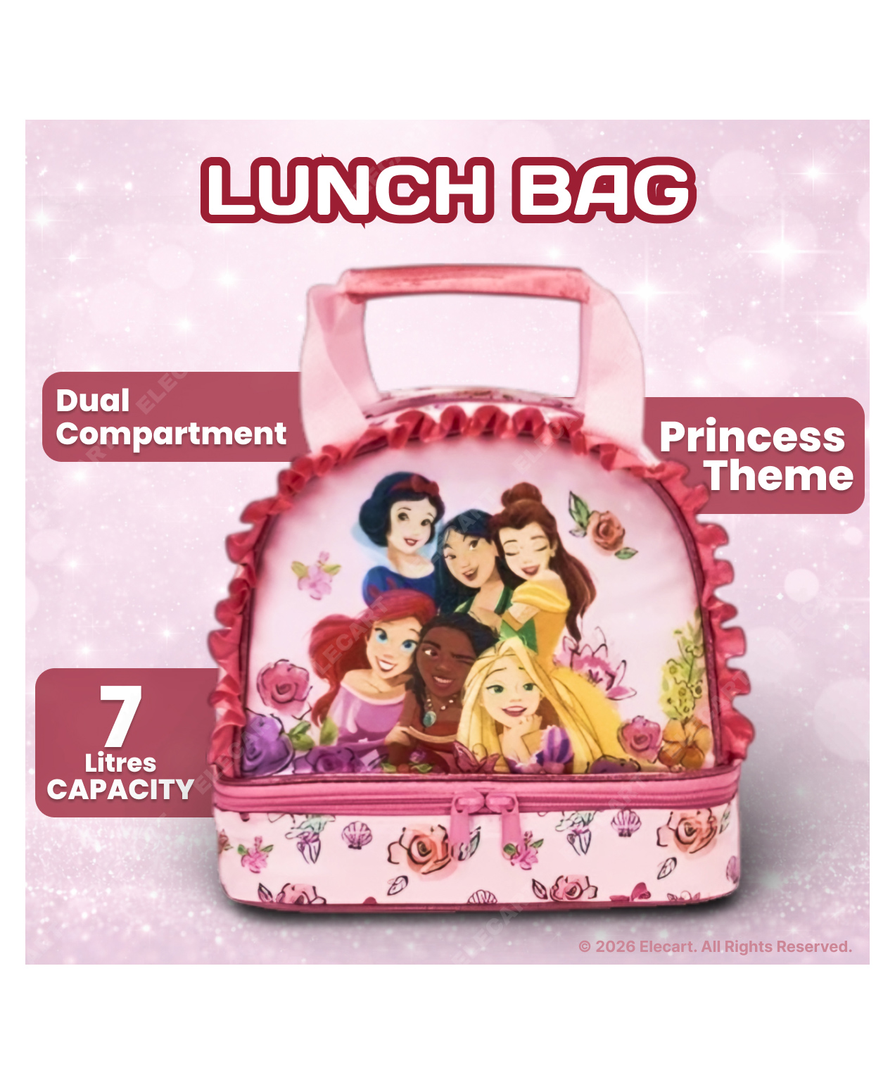 Elecart 3D Printed Princess Insulated Lunch Bag | Thermal Tiffin Storage Bag for School, Travel & Picnic | Durable, Waterproof & Portable Lunch Carrier for Kids-picture-49