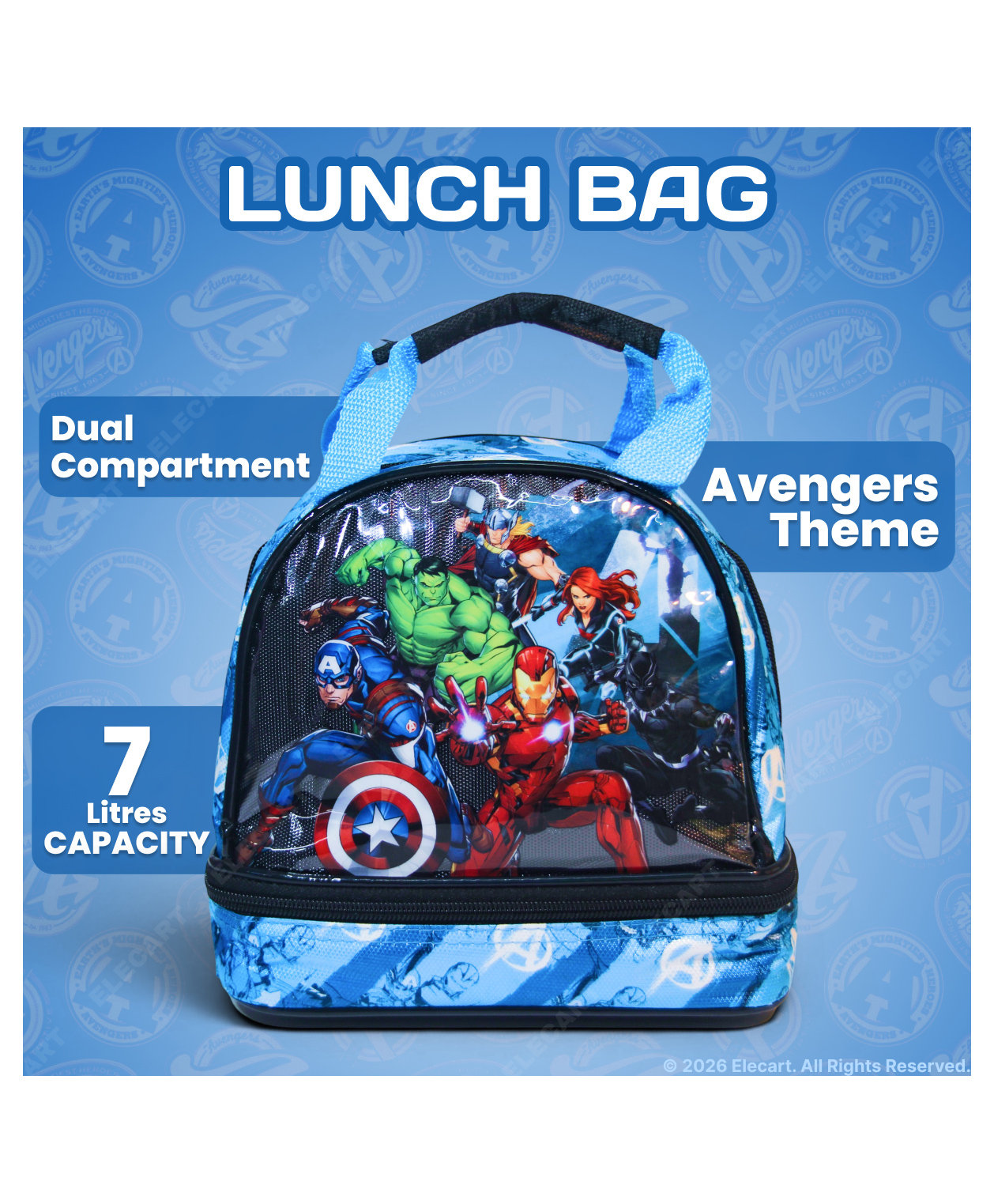 Elecart 3D Printed Avengers Insulated Lunch Bag | Thermal Tiffin Storage Bag for School, Travel & Picnic | Durable, Waterproof & Portable Lunch Carrier for Kids-image-43