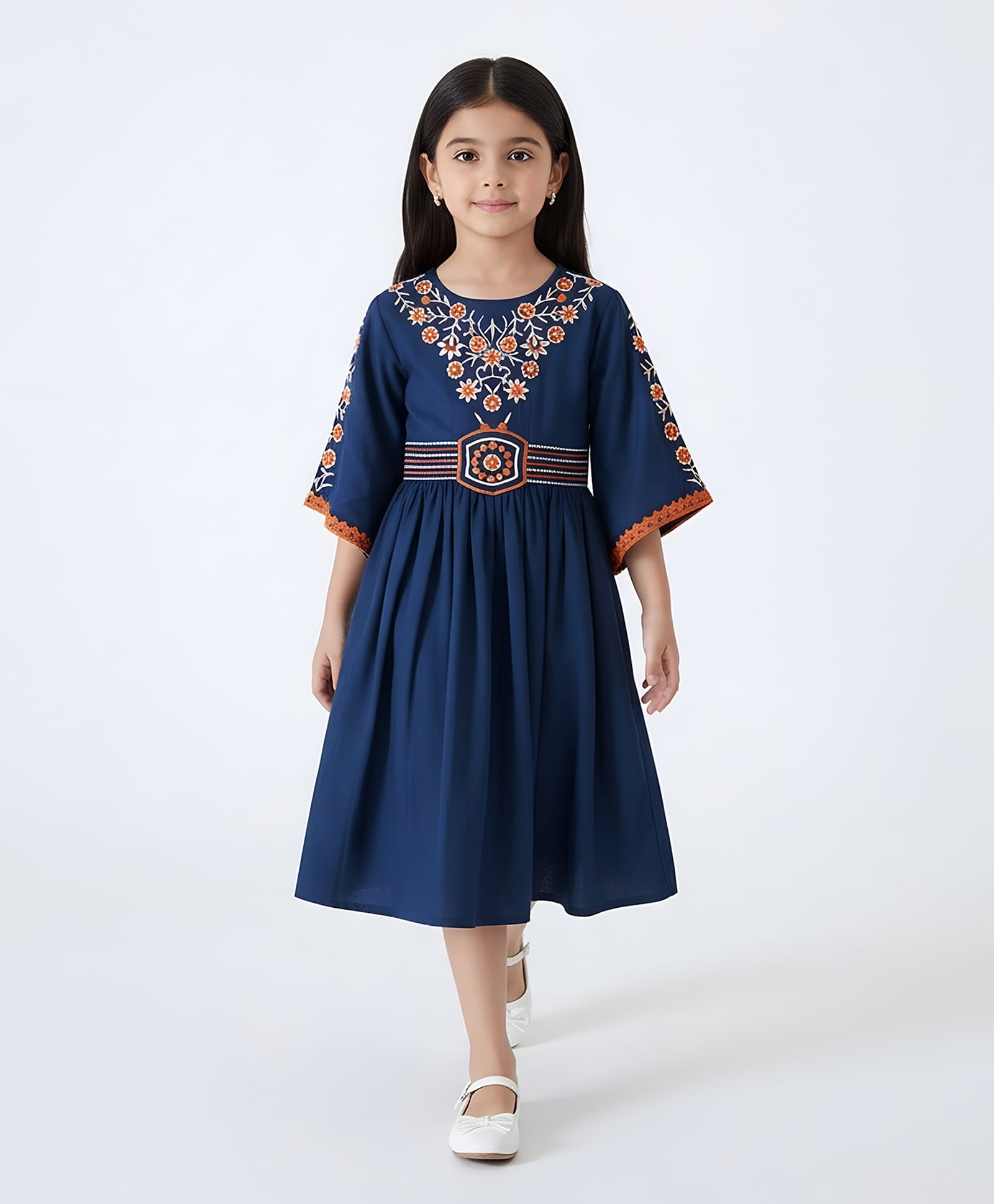 Bella Moda Cotton Woven Half Bell Sleeves Floral Embroidered Dress - Navy Blue-image-38