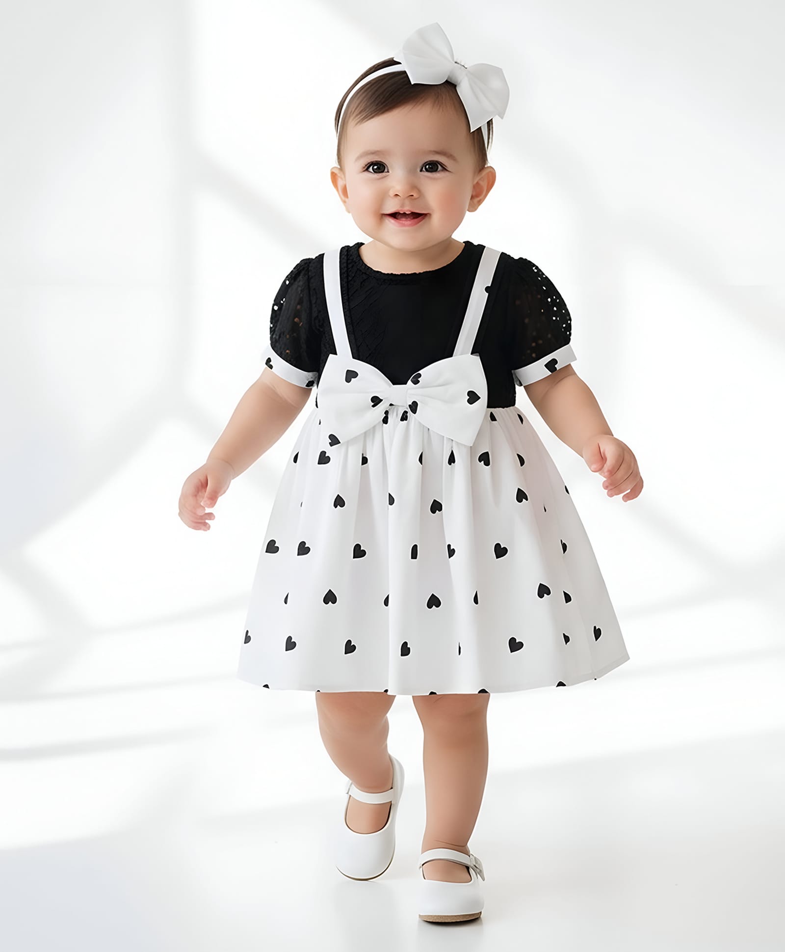 Bella Moda Cotton Woven Half Puffed Sleeves Hearts Printed Dress - Black-image-33