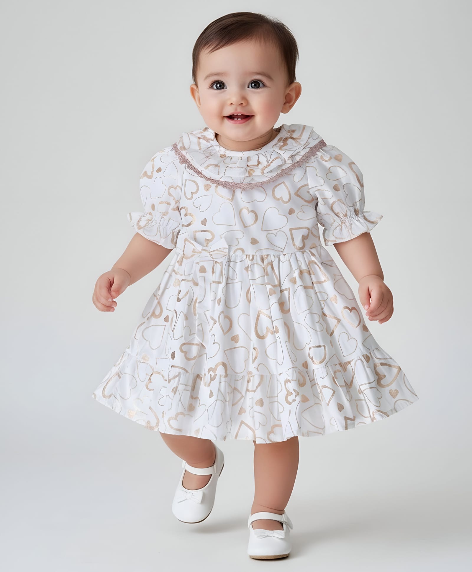 Bella Moda Cotton Woven Half Puffed Sleeves Hearts Printed Bow Applique Detailed Dress - White-picture-38