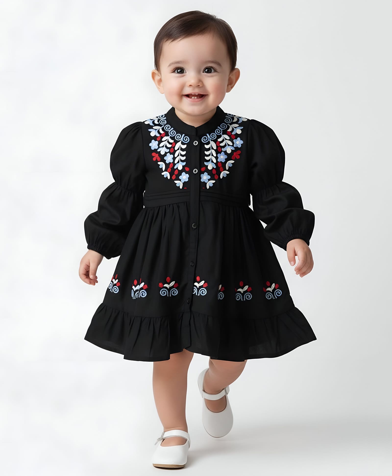 Bella Moda Cotton Woven Full Sleeves Floral Embroidered Dress - Black-image-32