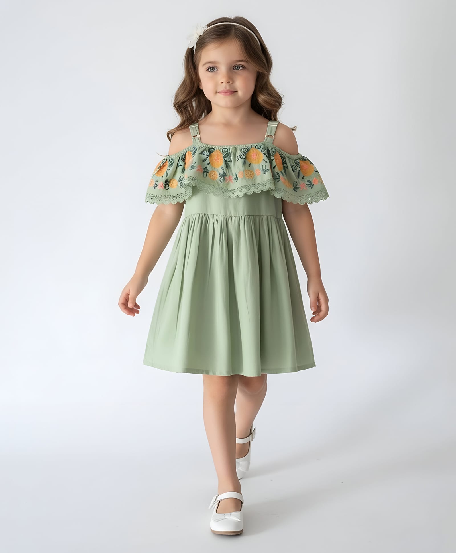 Bella Moda Cotton Woven Cold Shoulder Floral Embroidered Dress - Green-image-13
