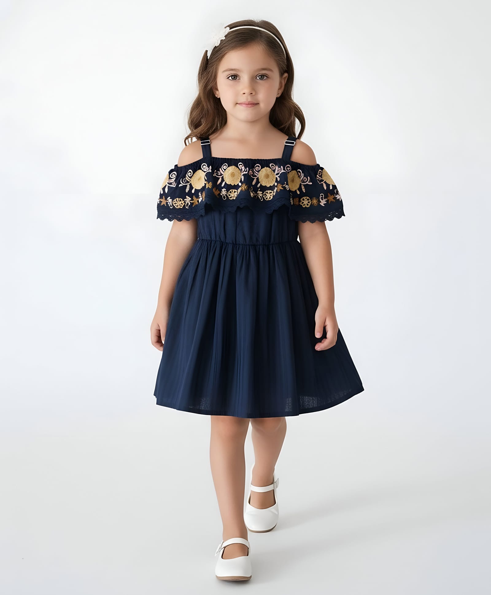 Bella Moda Cotton Woven Cold Shoulder Floral Embroidered Dress - Navy Blue-picture-35