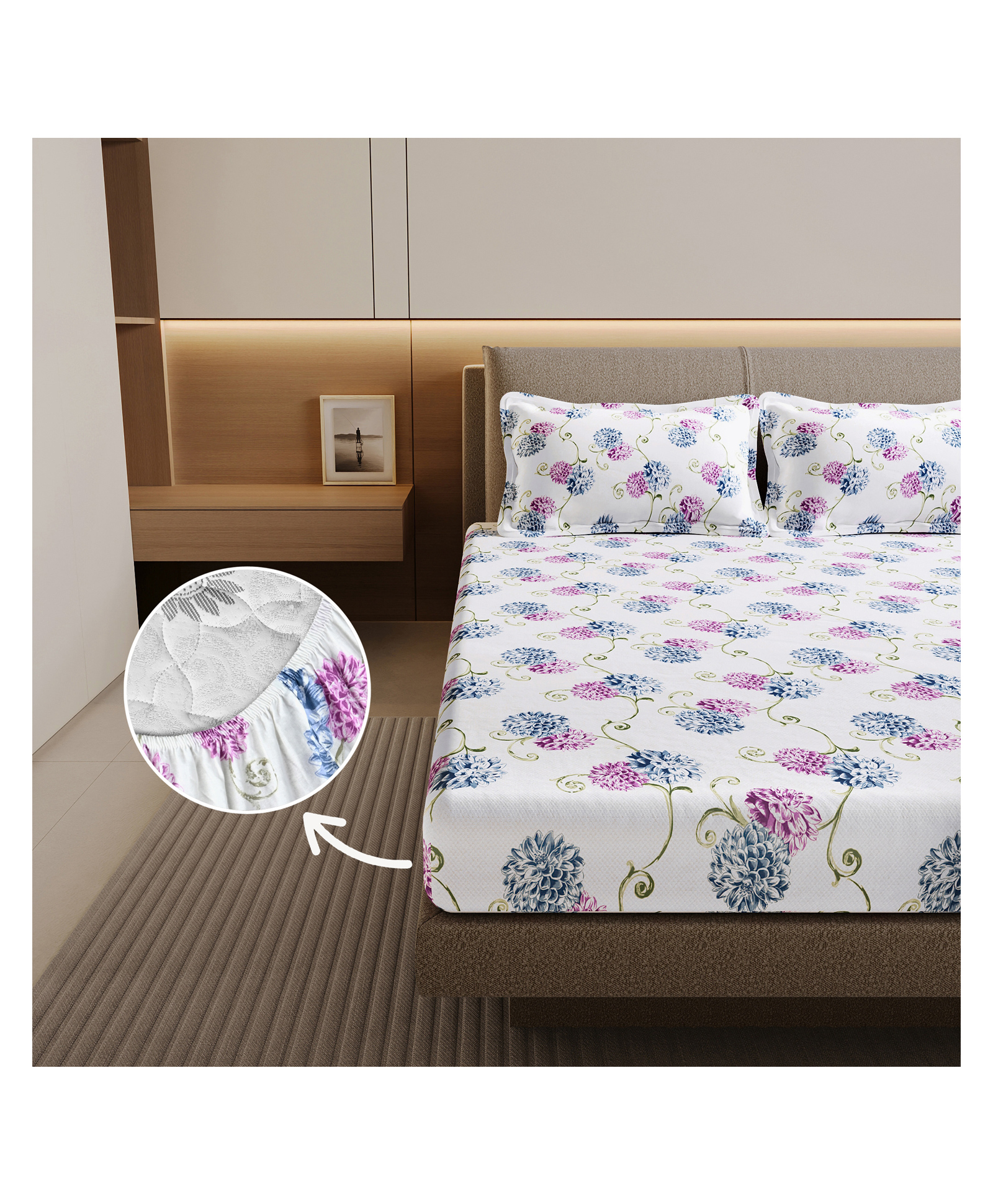 Divine Casa 144 TC Blue Pink Floral Cotton Elastic Fitted Double Bedsheet with 2 Pillow Covers (200 X 150) cm-picture-41