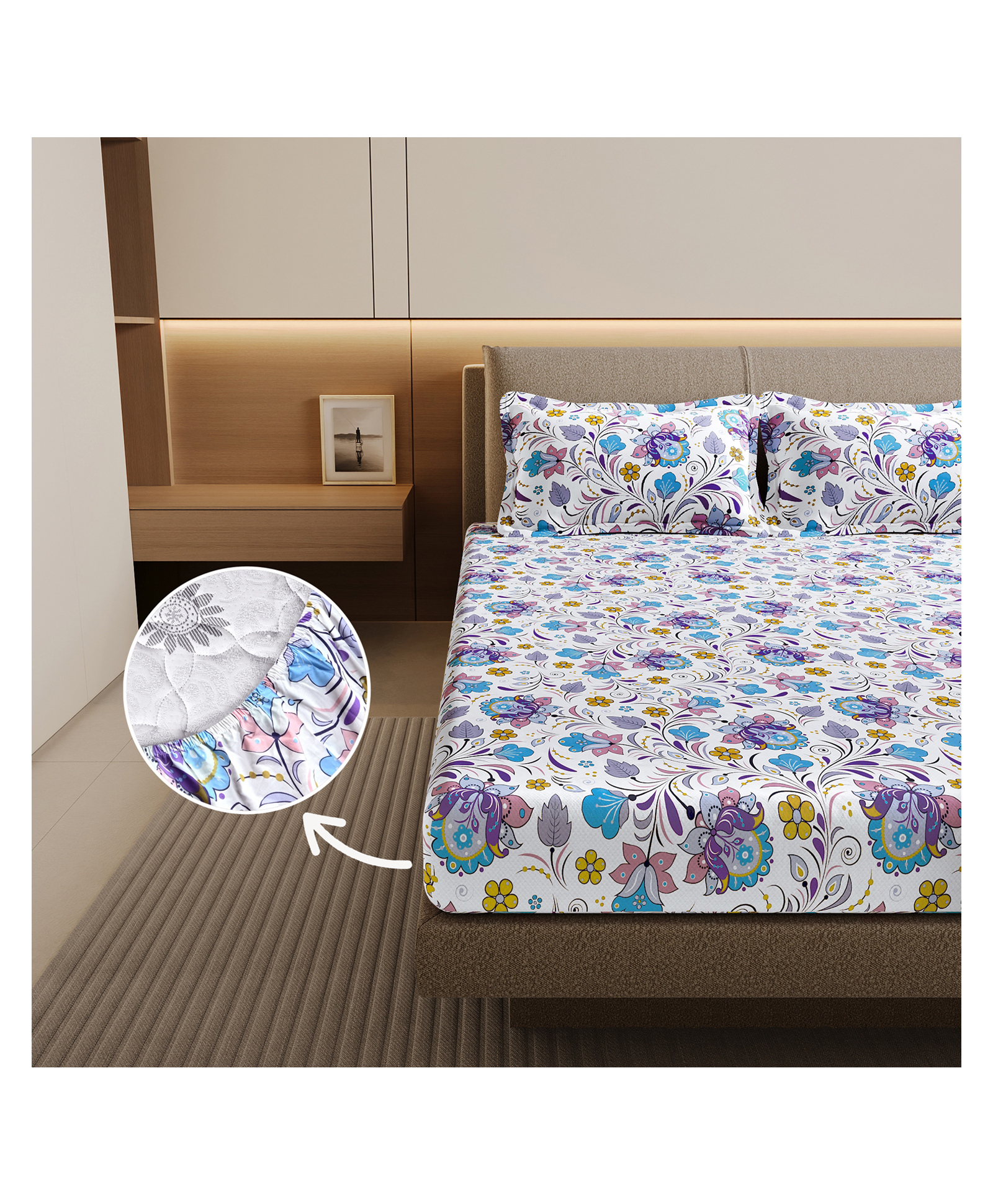 Divine Casa 144 TC Purple Blue Floral Cotton Elastic Fitted Double Bedsheet with 2 Pillow Covers (200 X 150) cm-picture-42