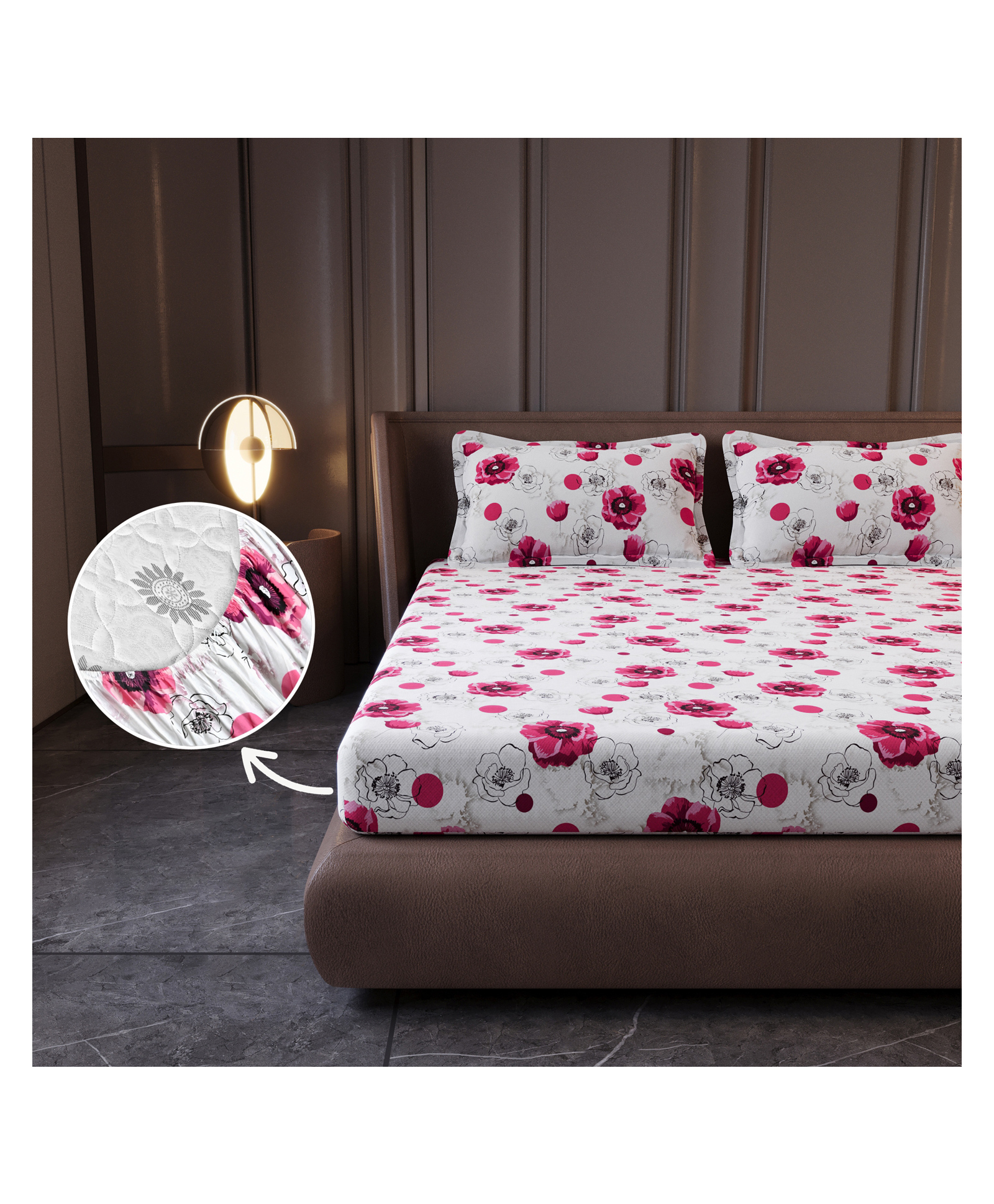 Divine Casa 144 TC Pink Floral Cotton Elastic Fitted King Bedsheet with 2 Pillow Covers (200 X 180) cm-picture-38