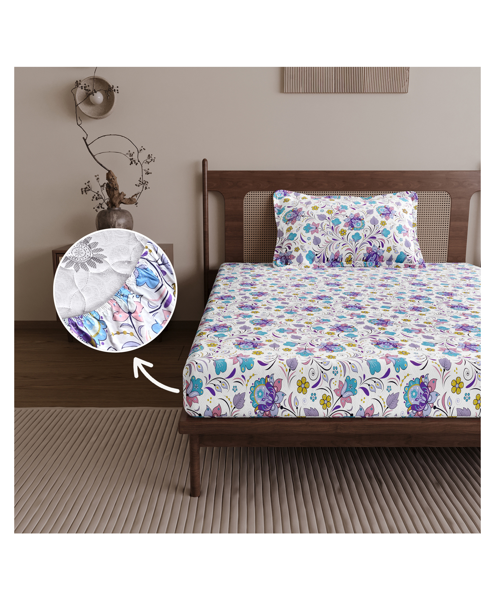 Divine Casa 144 TC Purple Blue Floral Cotton Elastic Fitted Single Bedsheet with 1 Pillow Cover (198 X 90) cm-image-7