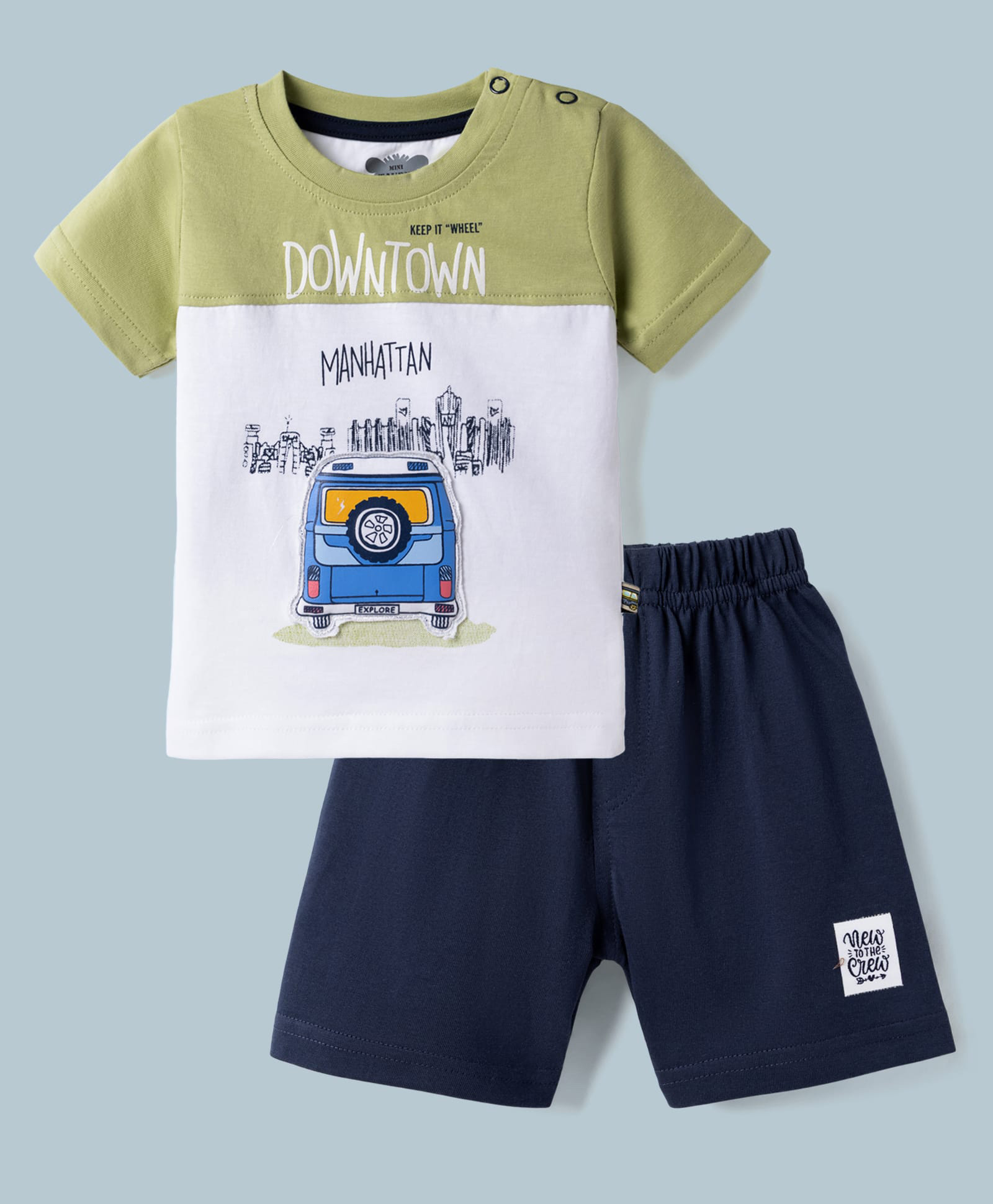 Mini Taurus Sinker Knit Half Sleeves T-Shirt & Shorts Night Suit With Car Patch - Green-picture-14