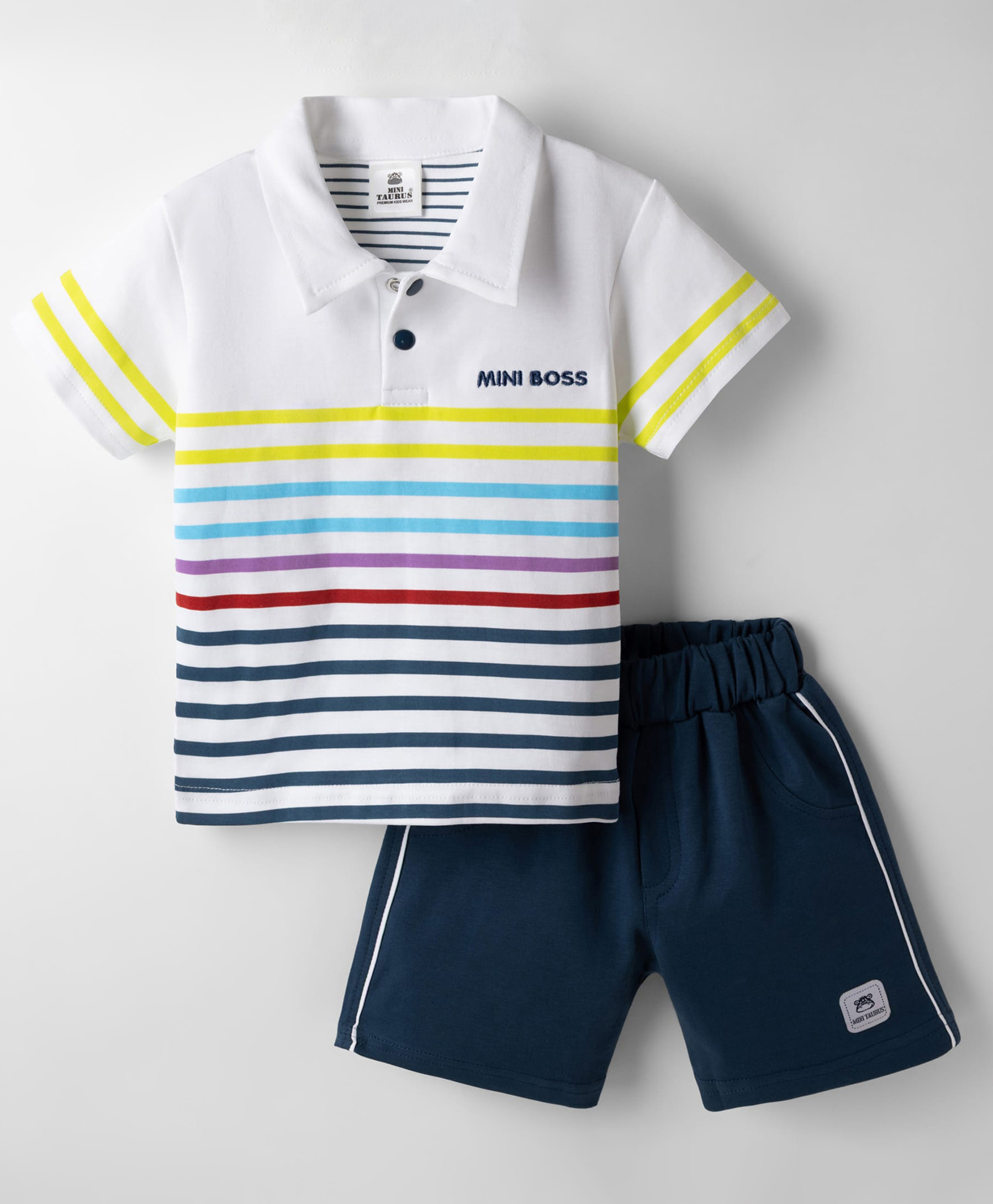 Mini Taurus Interlock Knit Half Sleeves T-Shirt & Shorts Night Suit With Mini Boss Embroidery - Blue-image-44