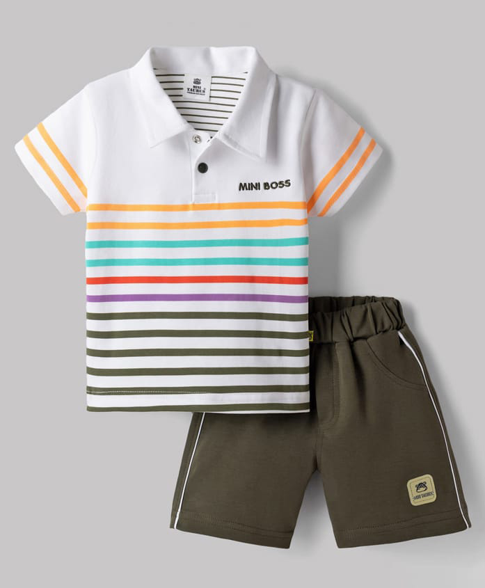 Mini Taurus Interlock Knit Half Sleeves T-Shirt & Shorts Night Suit With Mini Boss Embroidery - Olive Green-image-37