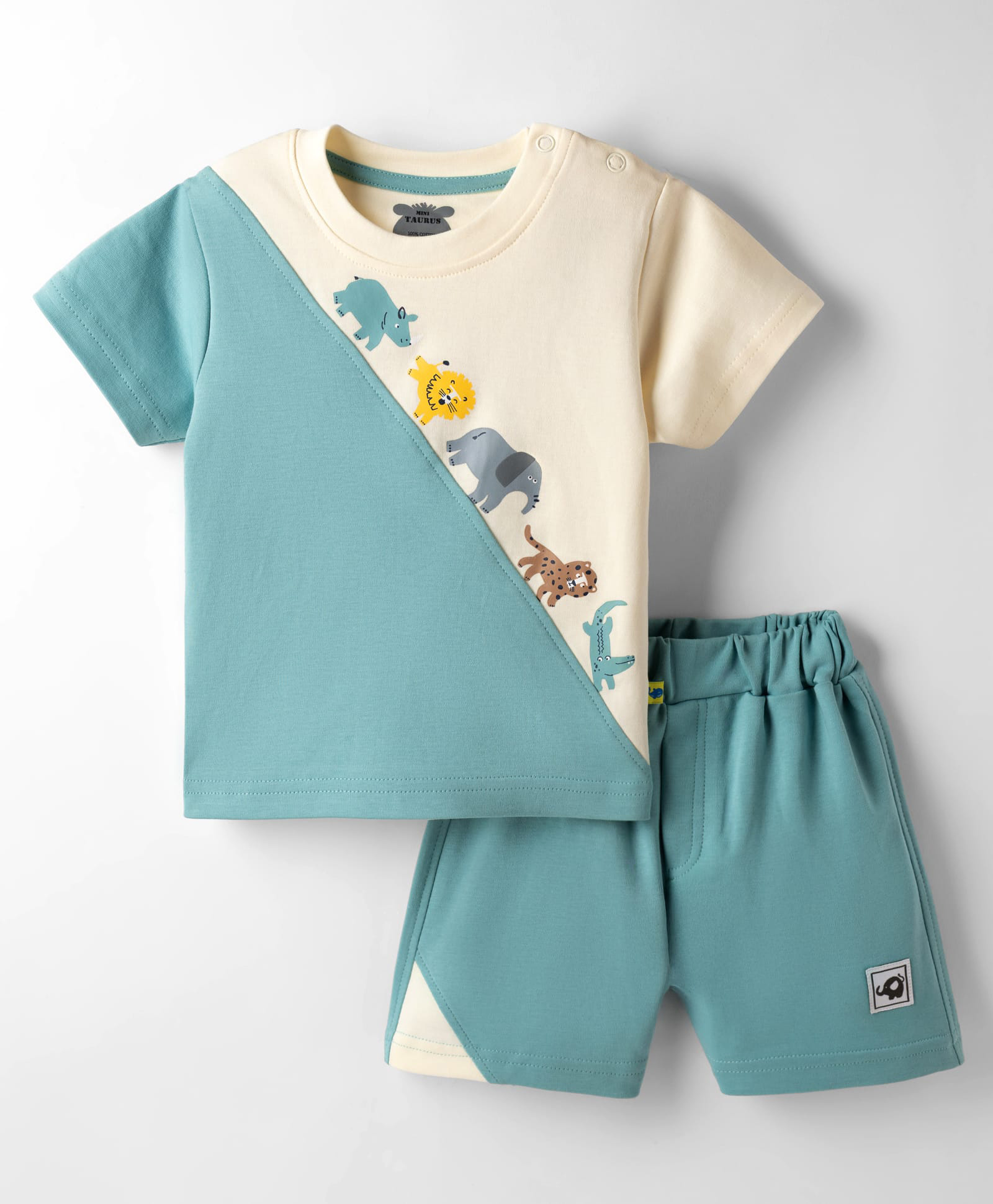 Mini Taurus Interlock Knit Half Sleeves T-Shirt & Shorts Night Suit with Animal Print - Charcoal Grey-picture-33