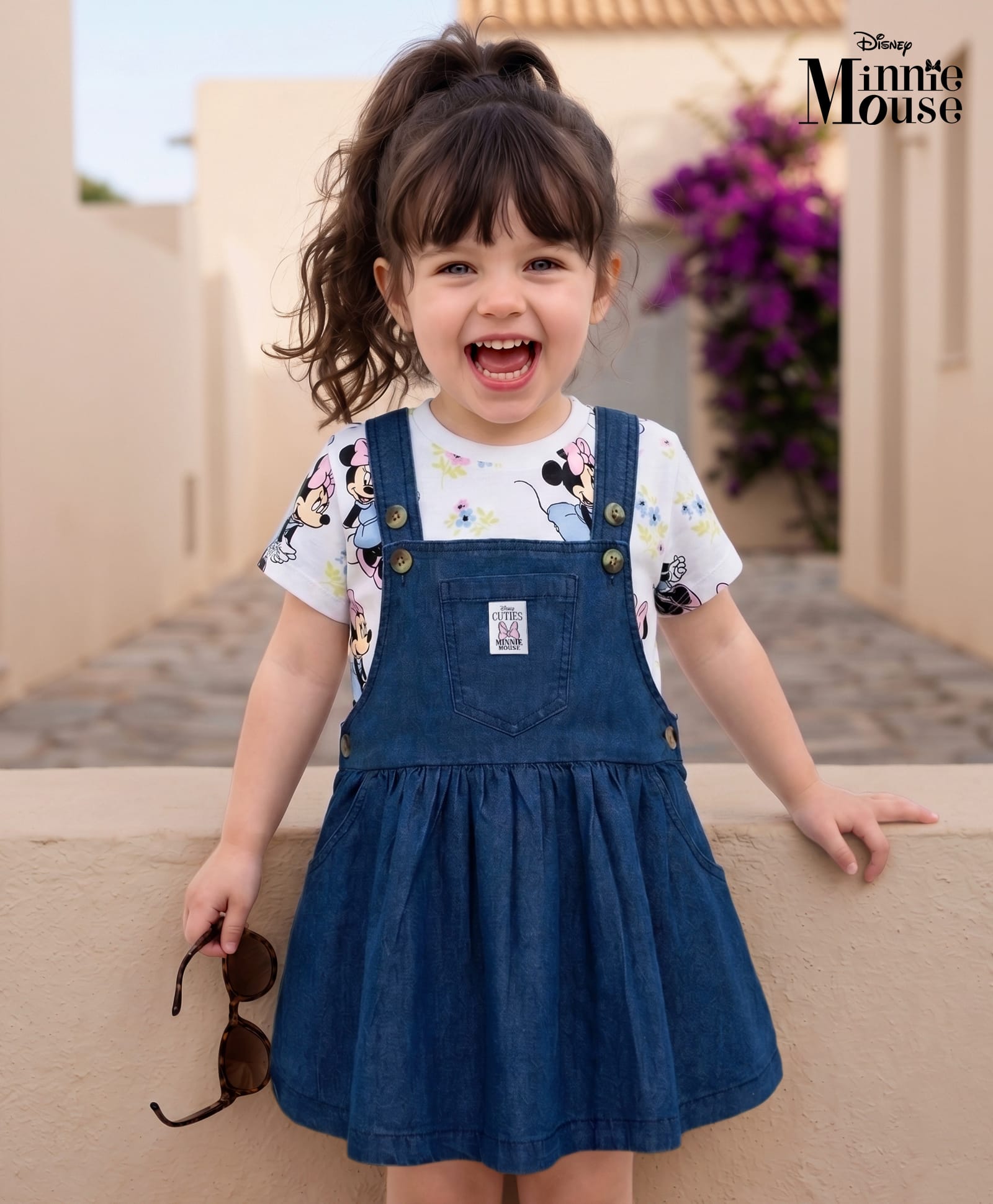 Babyhug Disney Single Jersey Knit Denim Frock with Half Sleeves T-Shirt with Minnie Mouse Graphics - White & Blue-image-49