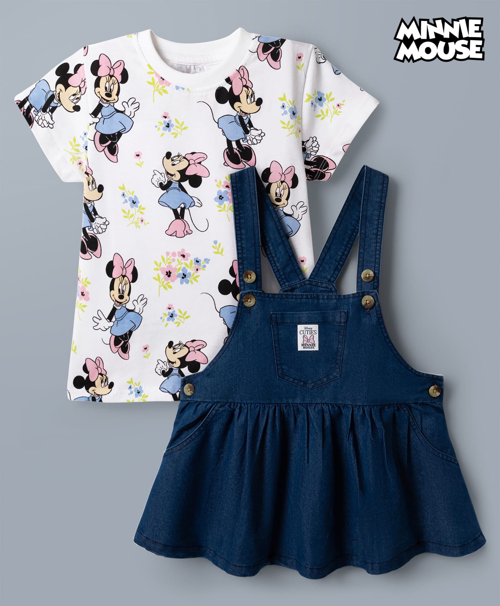 Babyhug Disney Single Jersey Knit Denim Frock with Half Sleeves T-Shirt with Minnie Mouse Graphics - White & Blue-image-46