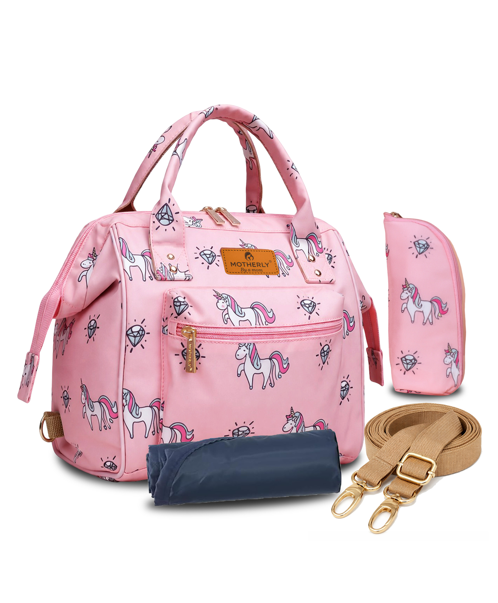 Motherly Nano Diaper Bag Small Diaper Bag for Mothers for Travel Combo Set with Accessories | Baby Bag for Mother Travel | Diaper Bag for Baby (Unicorn Diamond Pink)-image-3