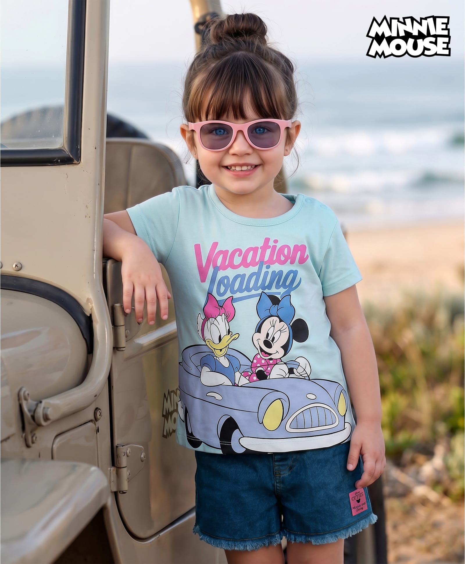 Babyhug Disney Single Jersey Knit Half Sleeves T-Shirt & Denim Shorts Set with Minnie & Friends Graphics - Multicolor-picture-18