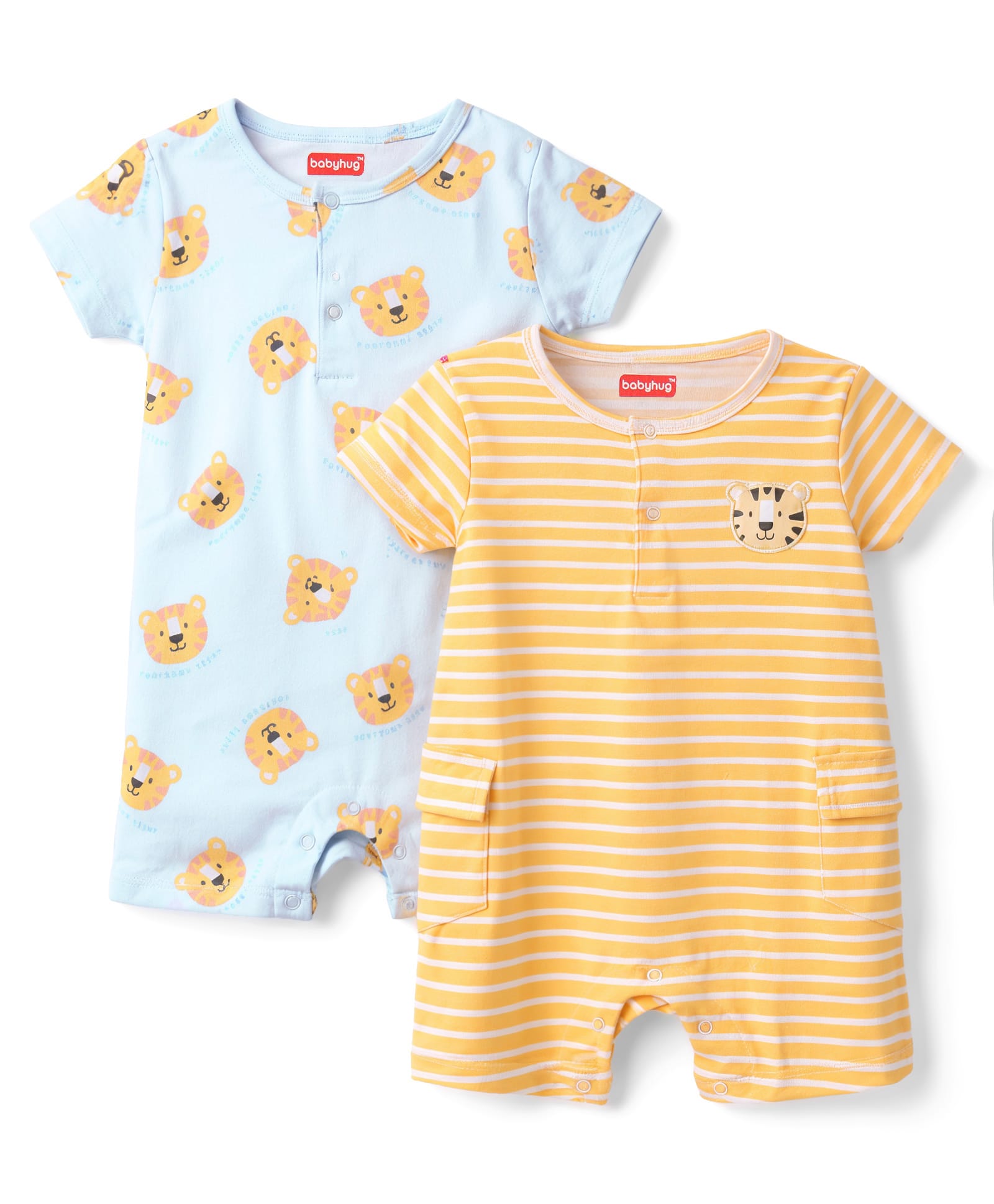 Babyhug 100% Cotton Interlock Knit Half Sleeves Rompers With Tiger Print Pack of 2 - Multicolor-picture-17