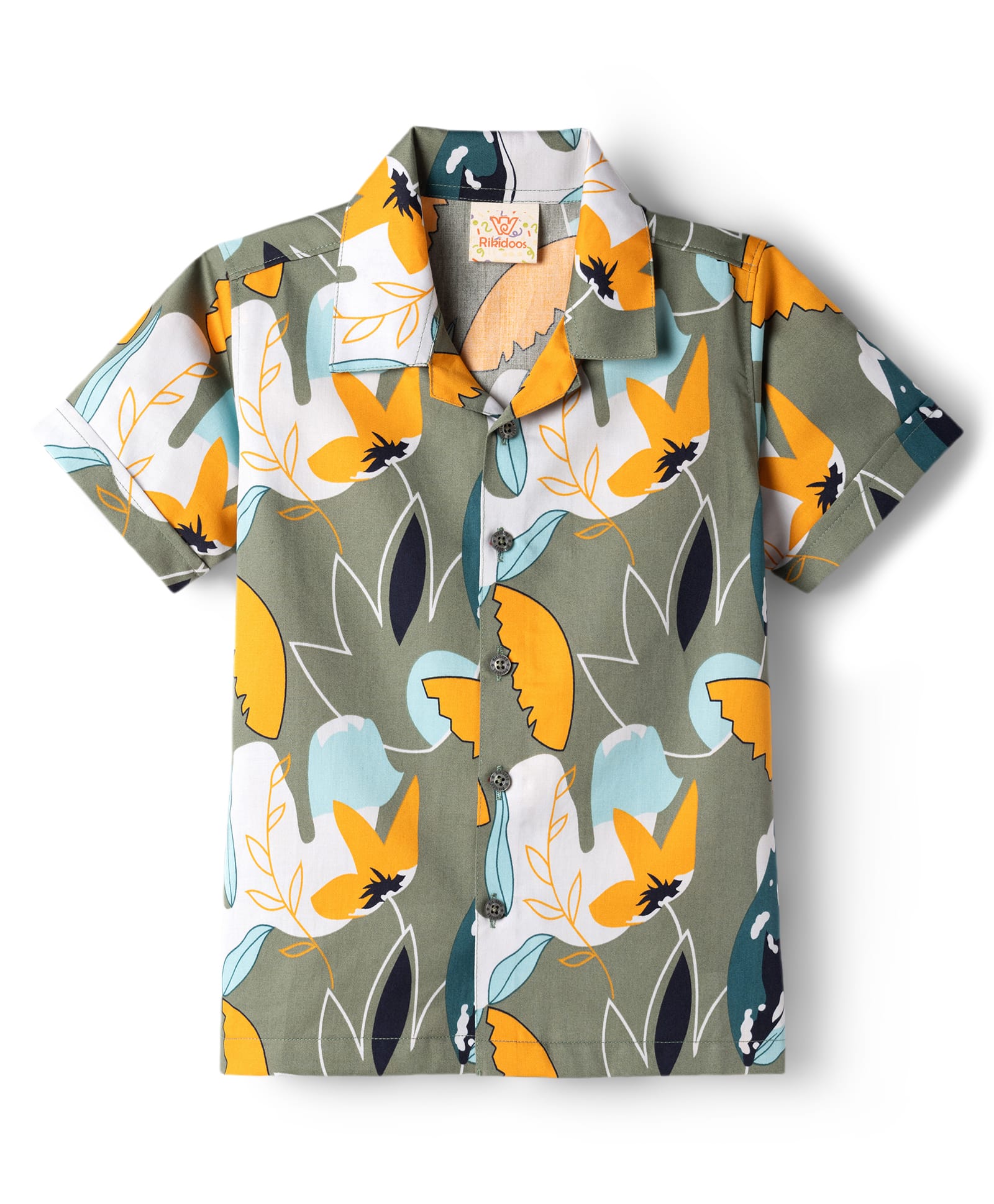 Rikidoos Cotton Woven Half Sleeves Shirt With Floral Print - Olive Green-image-4