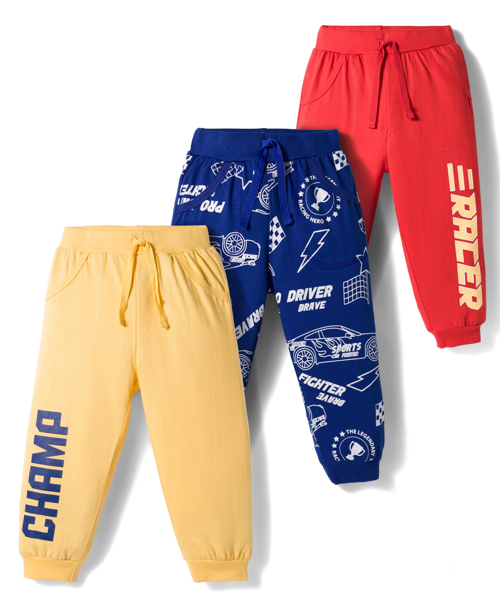 Doodle Poodle 100% Cotton Knit Full Length Lounge Pants with Racing Print Pack of 3 - Red Yellow & Navy Blue-image-11