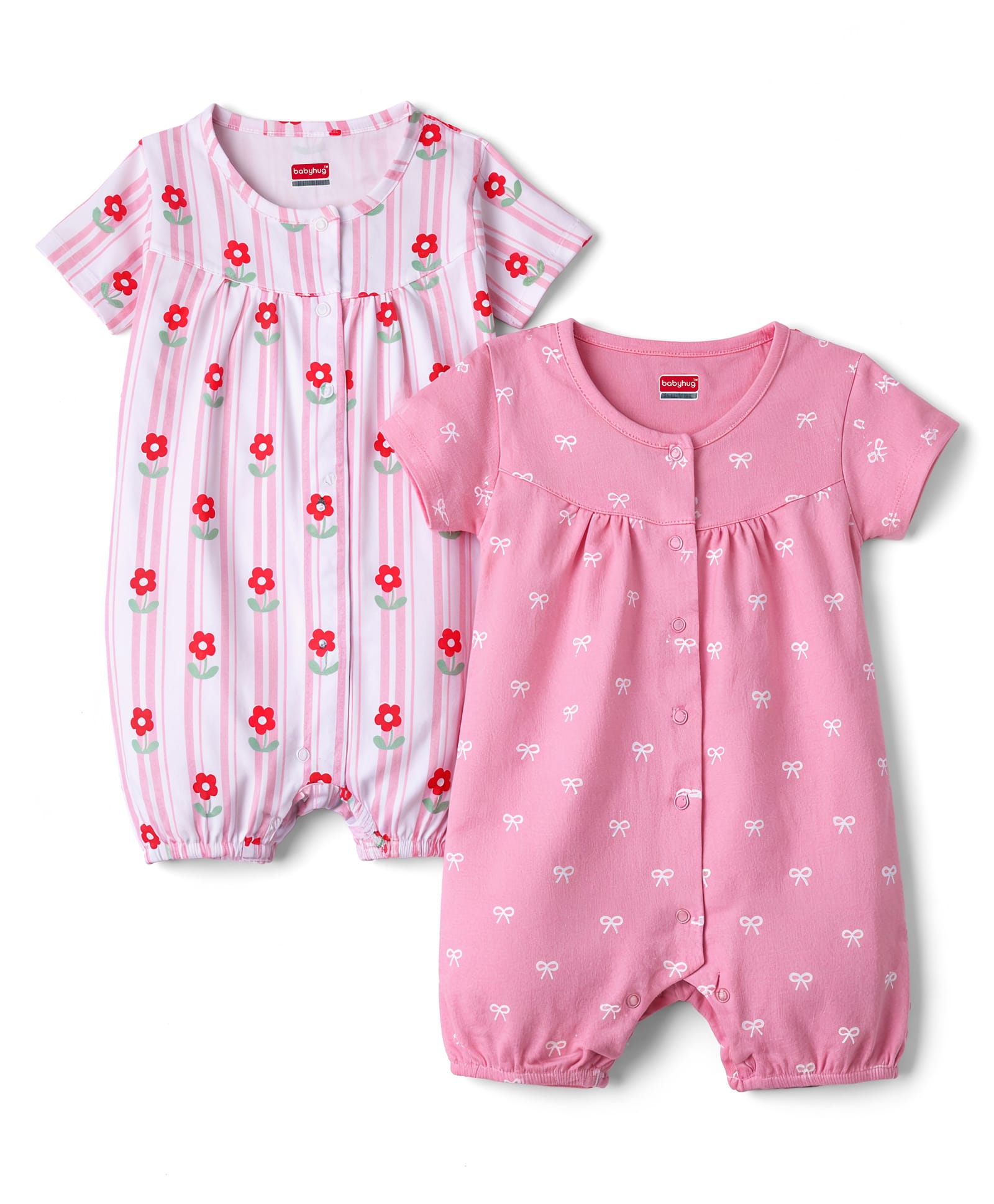 Babyhug 100% Cotton Knit Half Sleeves Floral & Bow Printed Rompers Pack Of 2 - Multi Color-image-43