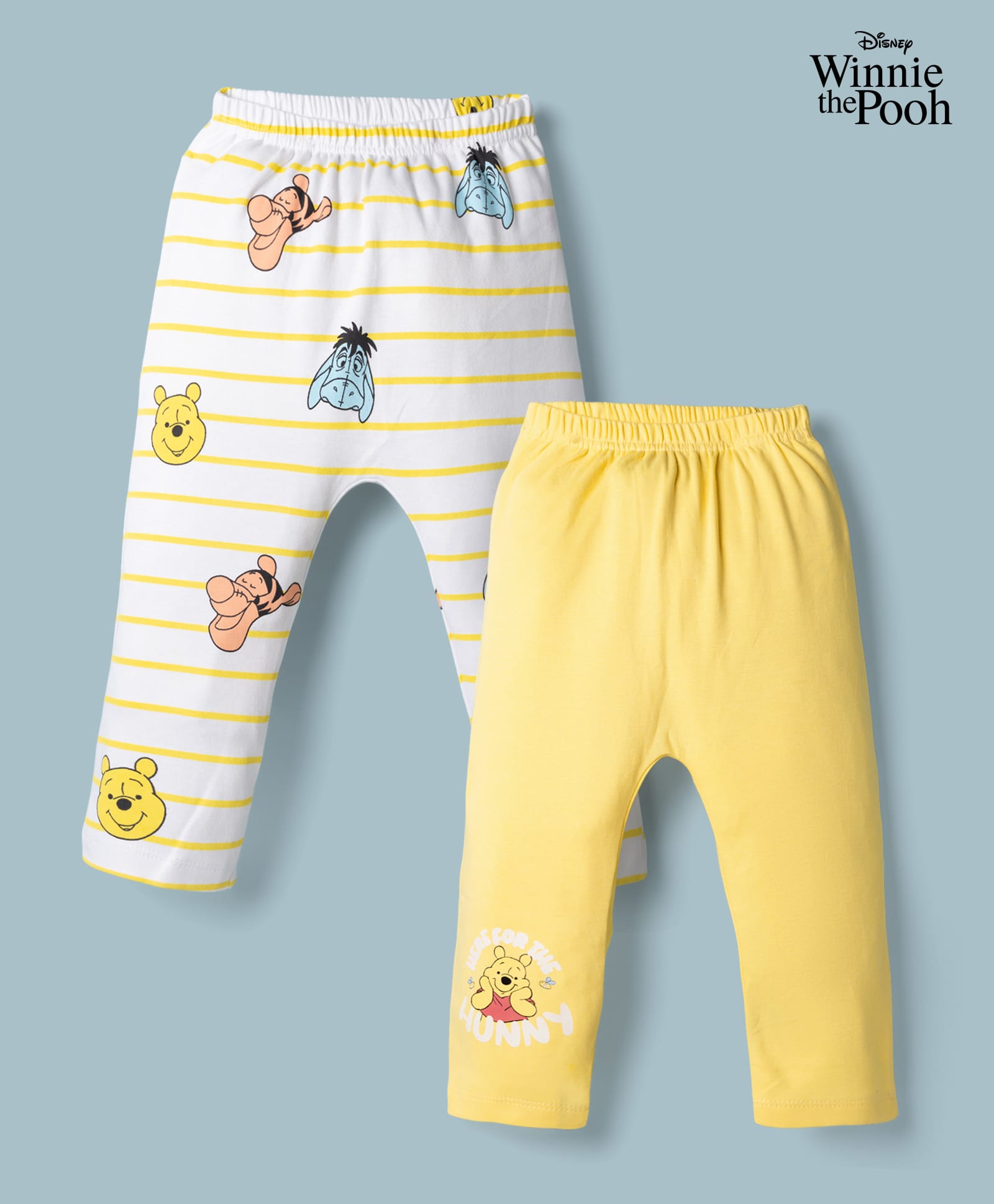 Babyhug Disney Interlock Knit Full Length Striped Diaper Legging With Winnie the Pooh Graphic Pack of 2 - Yellow & White-picture-10