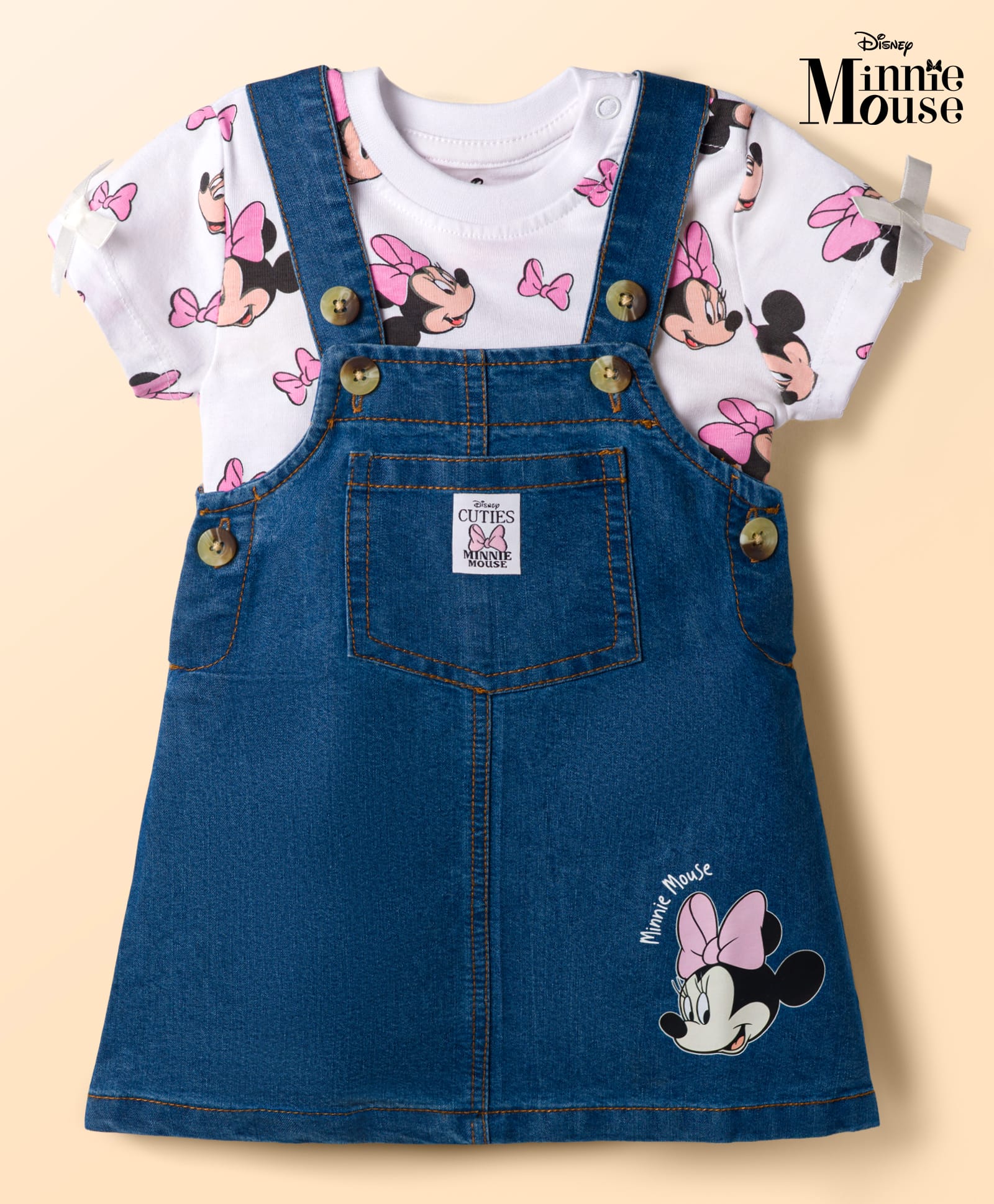 Babyhug Disney Single Jersey Knit Denim Dungaree Style Frock with Half Sleeves Inner Tee Minnie Mouse Print - White Blue-image-47