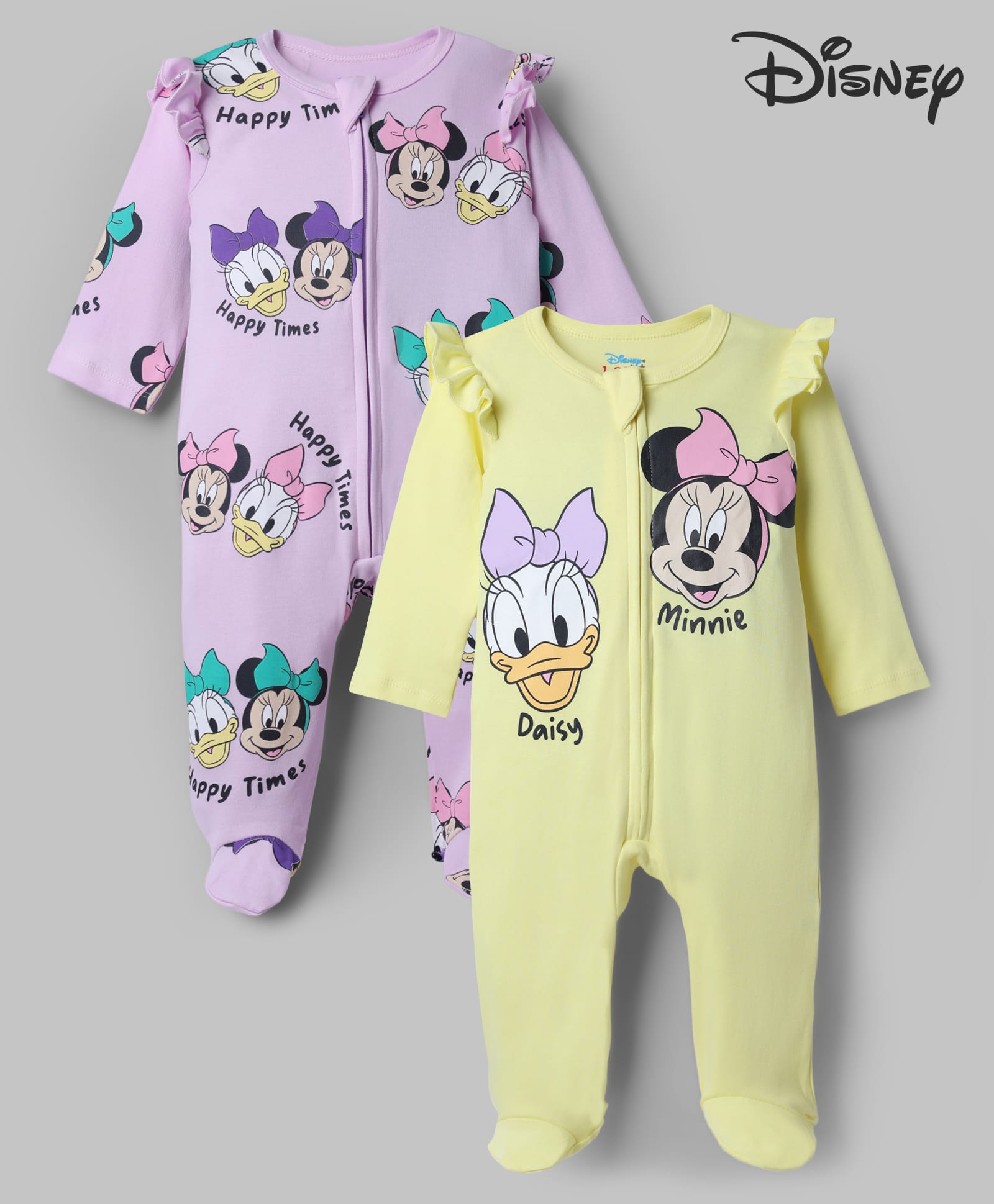babyhug disney Babyhug Interlock Knit Full Sleeves Sleep Suit with Minnie & Friends Pack of 2 - Plum & Yellow-picture-15