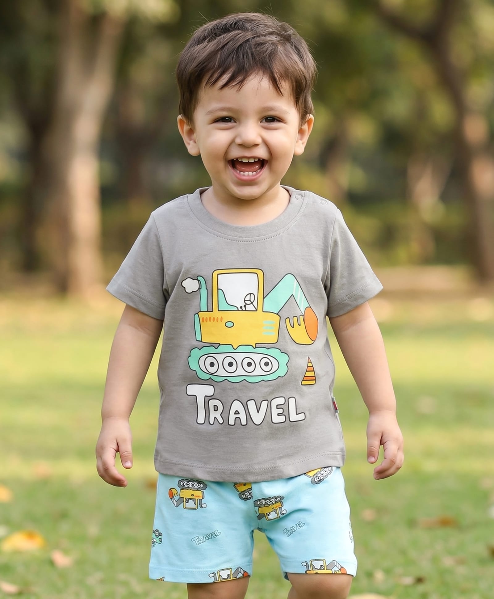 Babyhug Cotton Knit Half Sleeves T-Shirt & Shorts Night-Suit With JCB Print - Grey-image-47