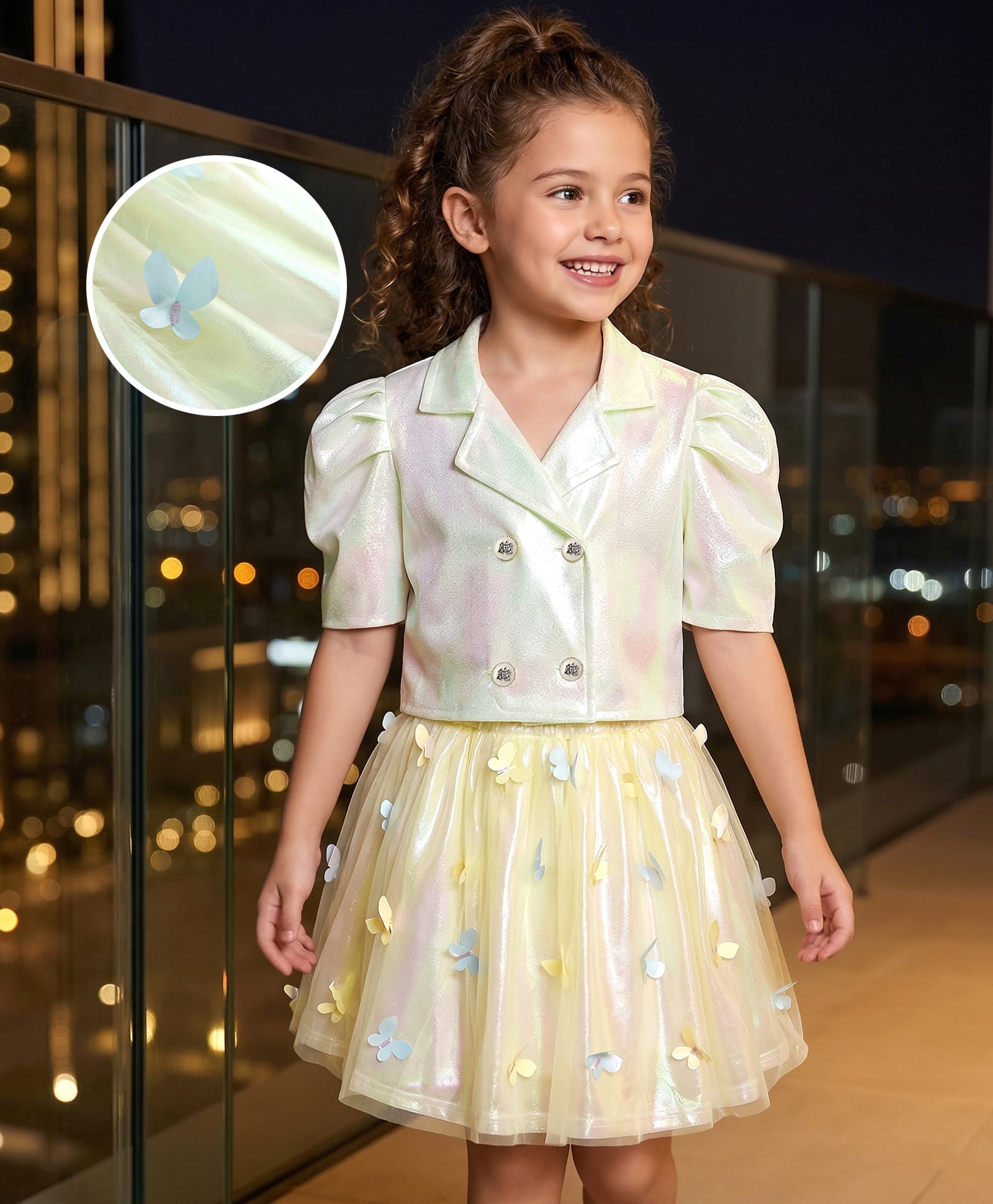 Hola Bonita Knit Half Sleeves Shimmer Party Top & Mesh Skirt Set with Butterfly Applique - Yellow-image-46