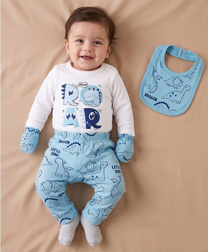 Doodle Poodle 100% Cotton Knit Full Sleeves Dino Printed Onesie with Leggings Bib & Mittens - White & Blue-image-43
