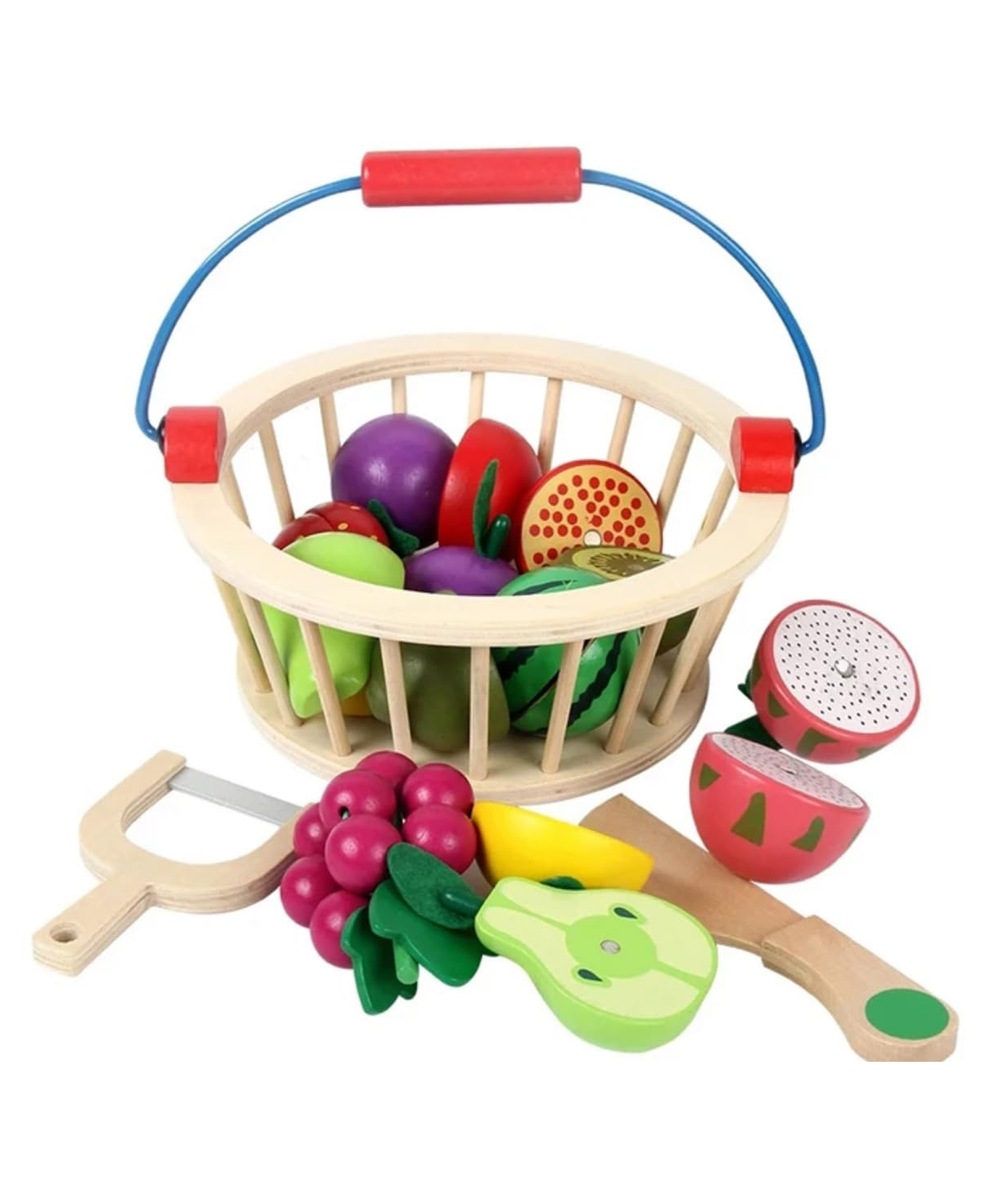 Wudly Wooden Fruit Cutting Toy Set with Basket Pretend Play Kitchen Toy for Kids-image-35