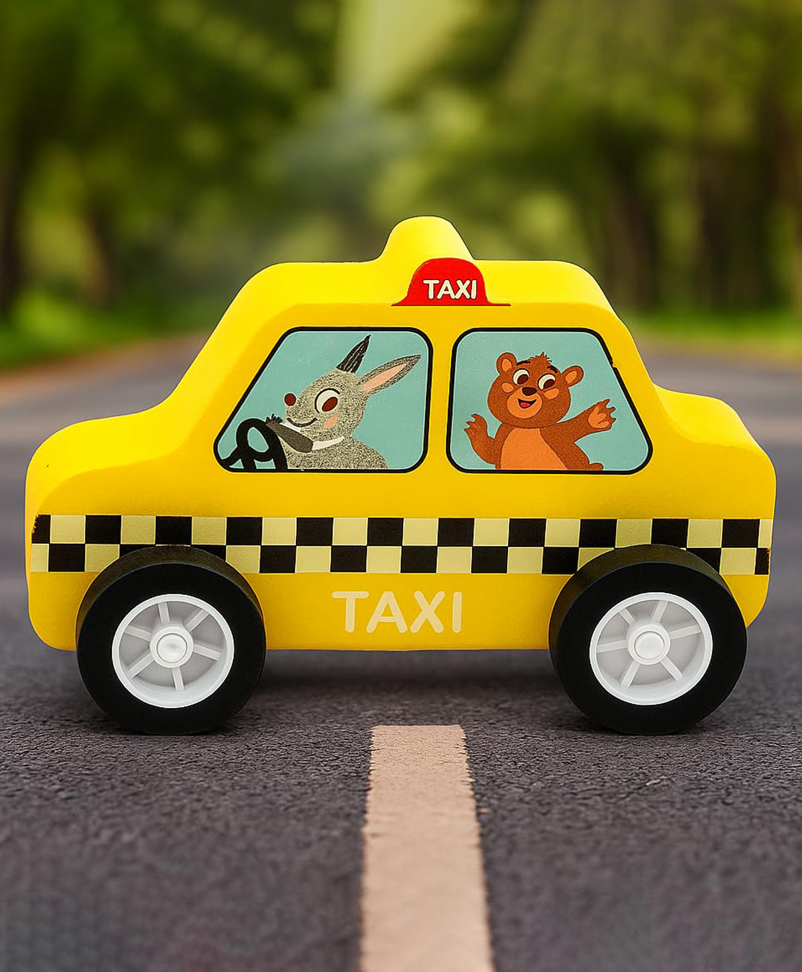 Wudly Wooden Taxi Car Toy for Kids Cartoon Vehicle Pretend Play Toy-image-41