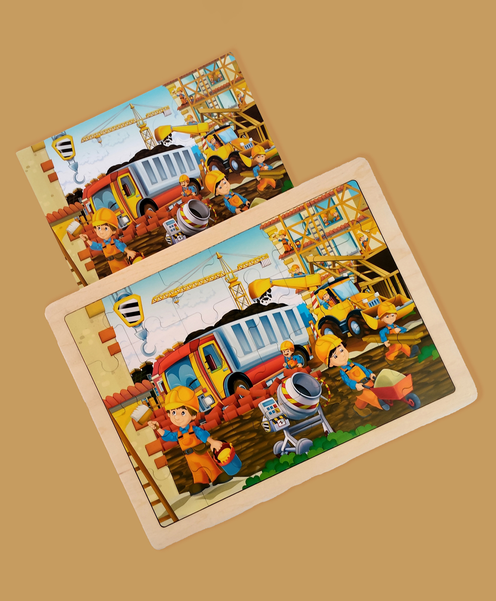 Wudly Wooden Construction Truck Puzzle Board for Kids Excavator & Mixer Learning Jigsaw Puzzle-picture-0