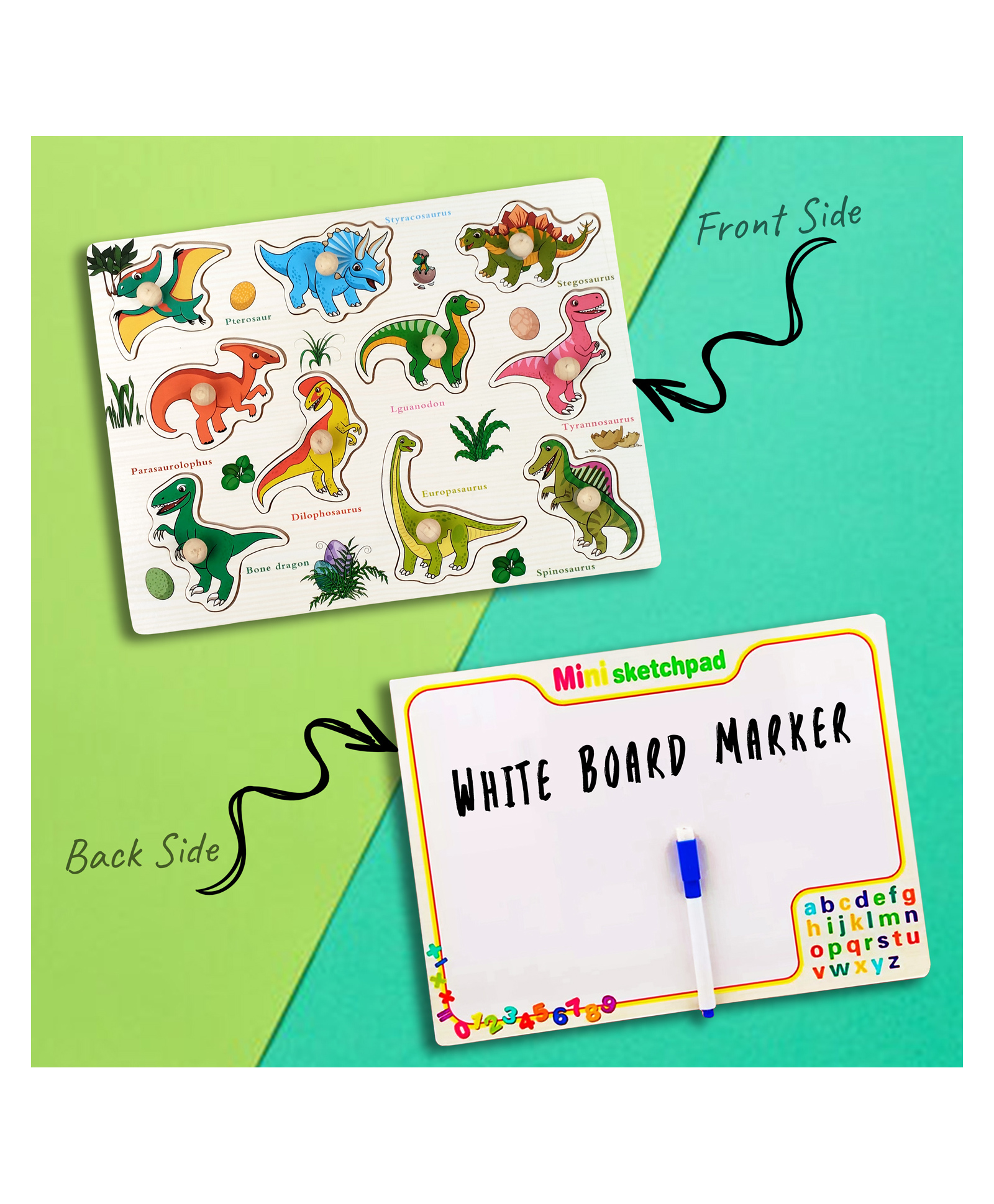 Wudly Wooden Dinosaur Whiteboard Puzzle for Kids Double Side Learning Board with Marker-picture-6