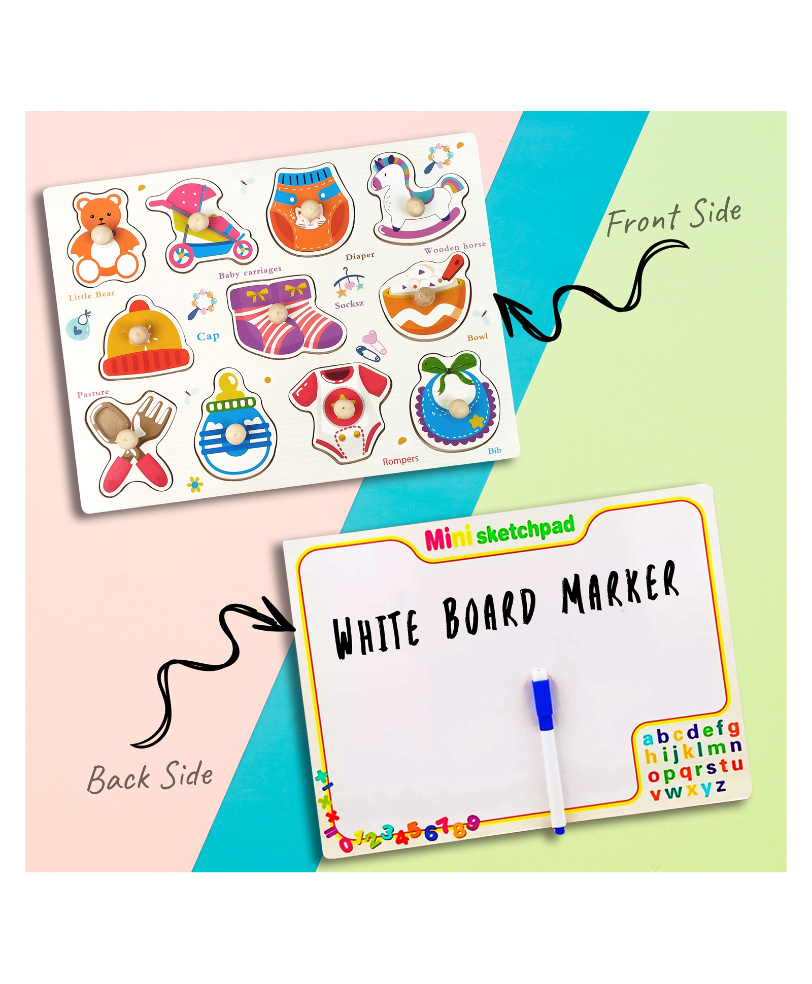 Wudly Wooden Baby Items Whiteboard Puzzle for Kids 2-in-1 Knob Puzzle & Writing Board-picture-3