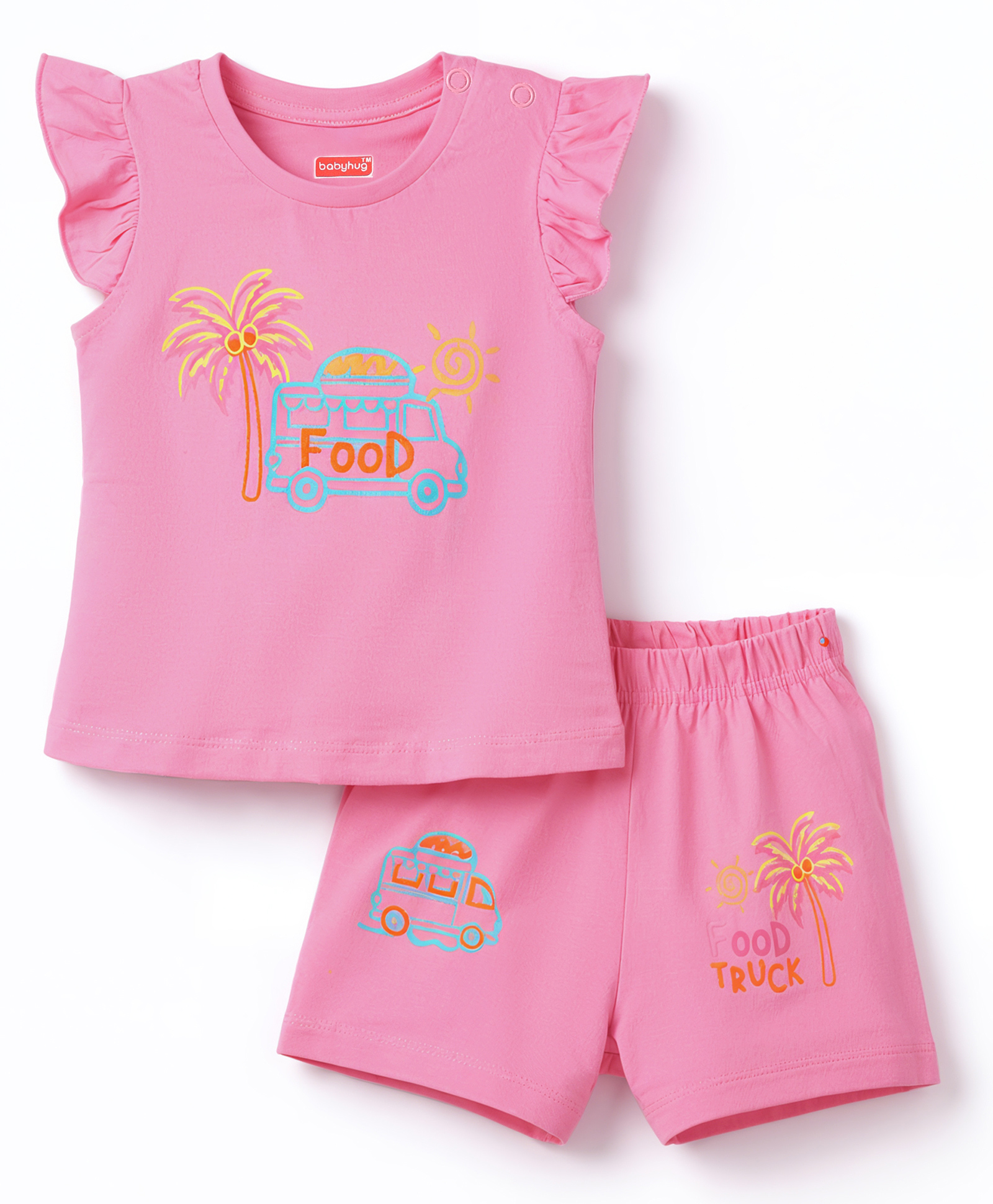 Babyhug Cotton Knit Half Sleeves Top & Shorts Night-Suit With Tree & Food Truck Print - Pink-picture-13