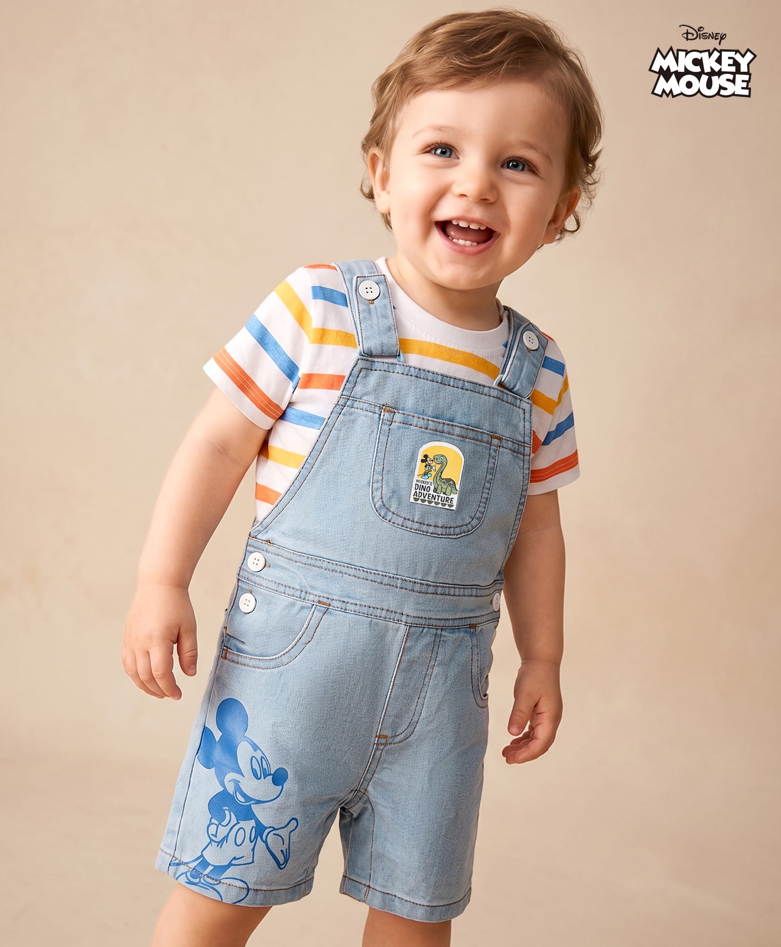 Babyhug Disney Single Jersey Knit Denim Half Sleeves Striped T-shirt and Denim Dungaree With Mickey Mouse Graphic - Light Blue-image-44