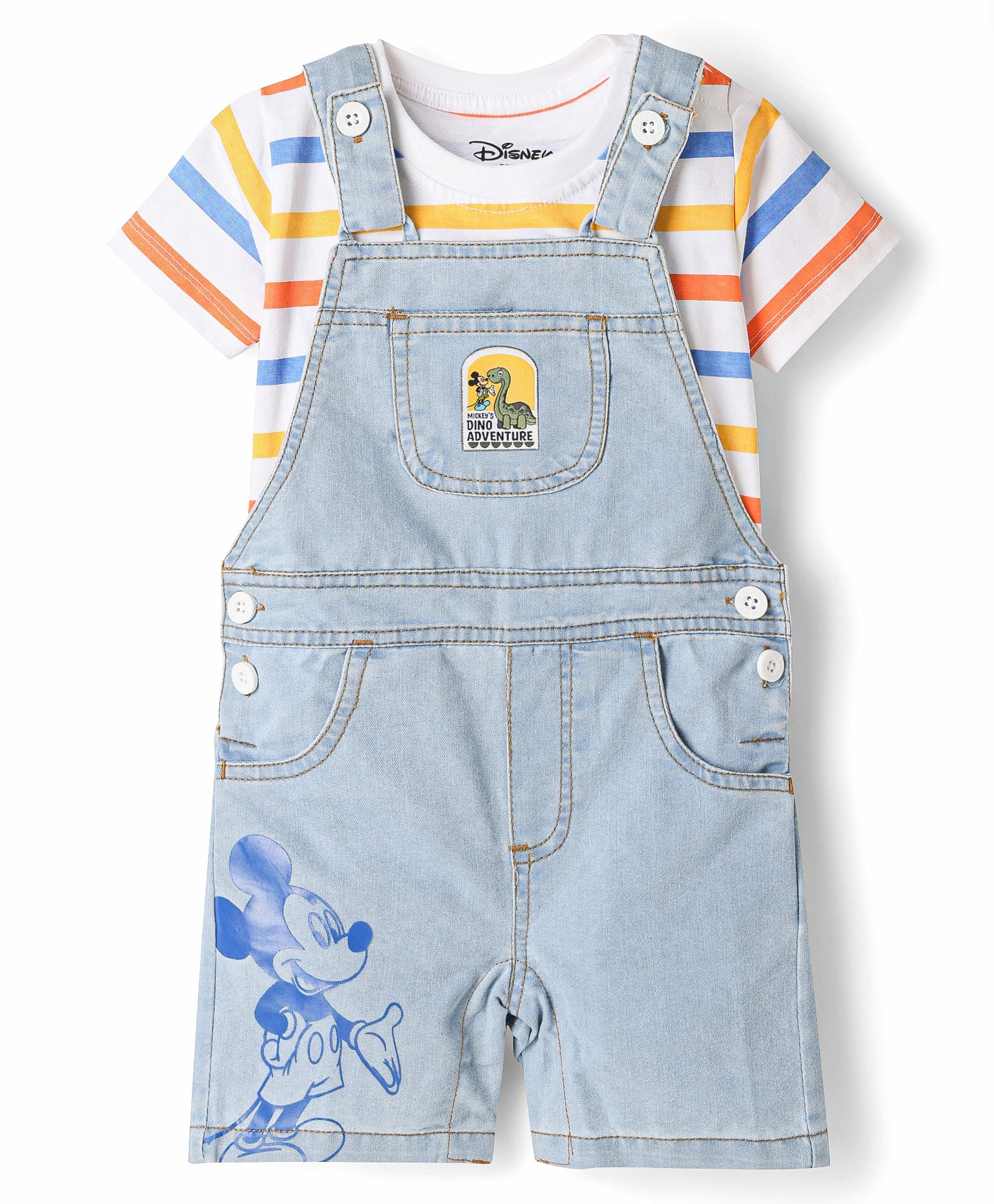 Babyhug Disney Single Jersey Knit Denim Half Sleeves Striped T-shirt and Denim Dungaree With Mickey Mouse Graphic - Light Blue-image-9
