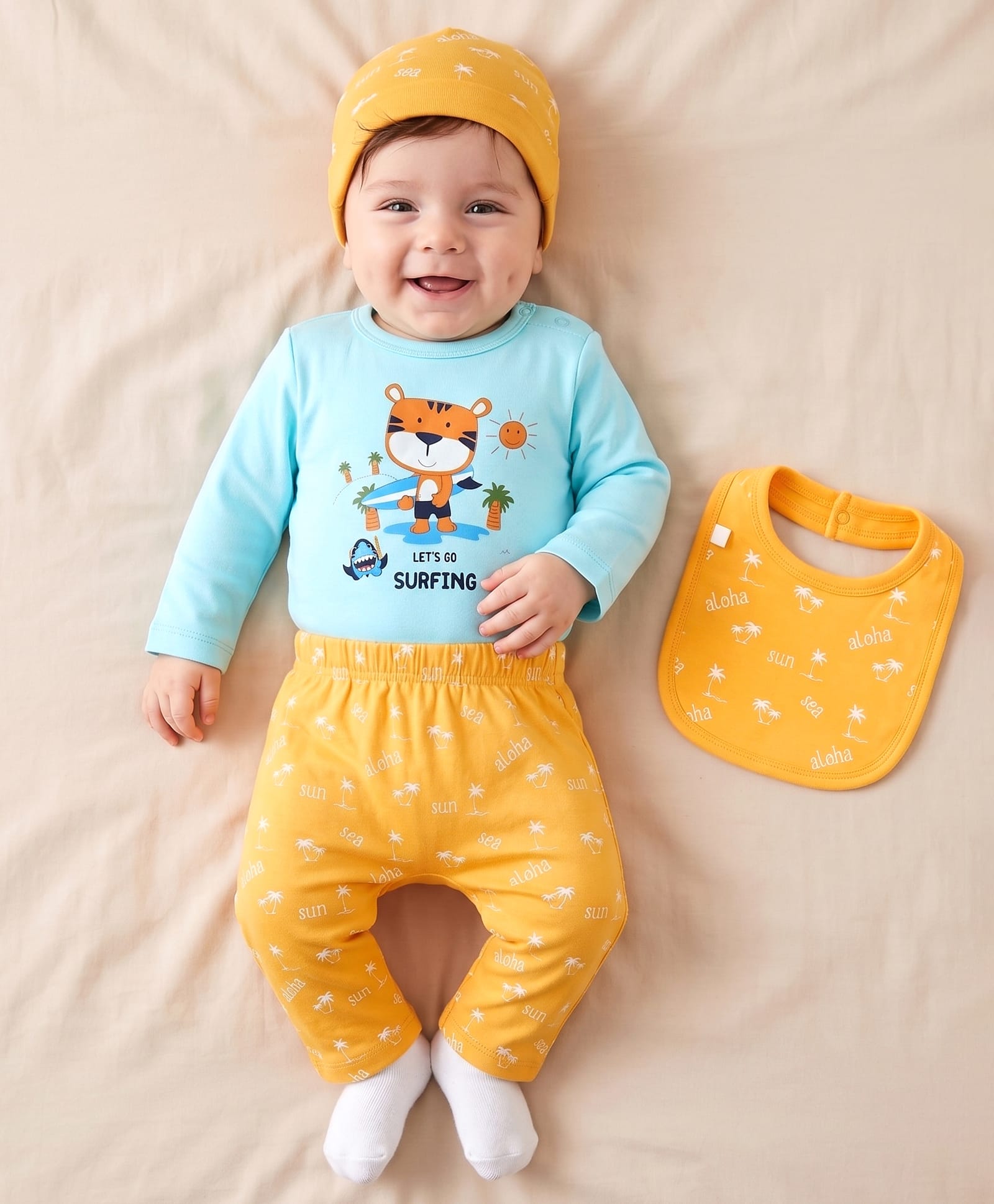 Doodle Poodle 100% Cotton Knit Full Sleeves Tiger & Beach Theme Printed Onesies With Diaper Leggings Bib & Cap - Light Blue & Orange-picture-14
