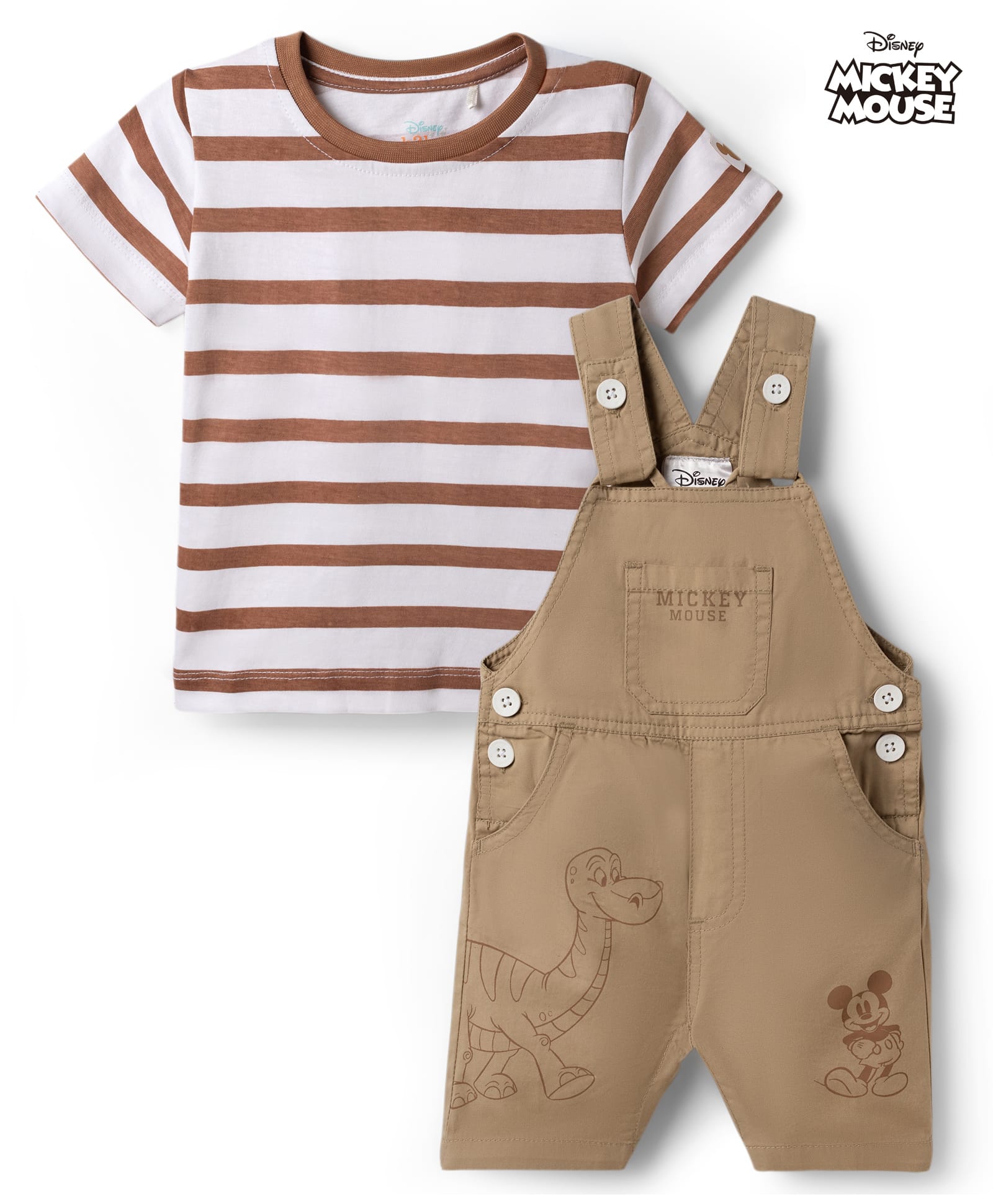 Babyoye Disney 100% Cotton Knit Half Sleeves Striped Dungaree Set With T-Shirt With Mickey Mouse Graphic - Tan-image-15